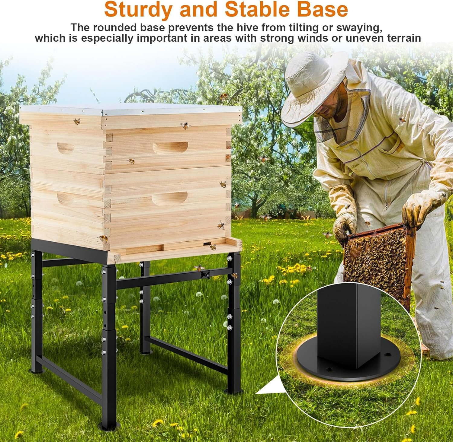 Adjustable Metal Bee Hive Stand, Sturdy Beehive Stand for 8/10 Frame Beehive Box, Easy to Assemble Bee Stand for Beekeeping with round Base