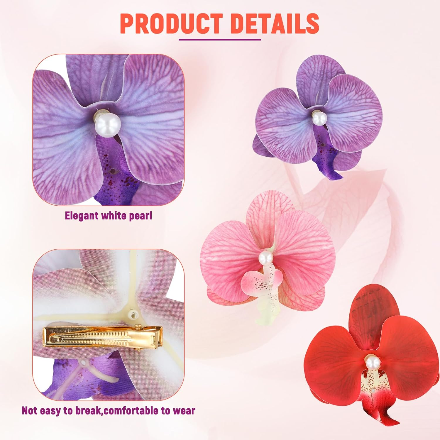 Ziyonix Pack of 3 Hair Clips with Hawaiian Flowers, Artificial Flower Clips, Bohemian Butterfly Orchid, Hair Clip for Holidays by the Sea, Women and Girls image number 5