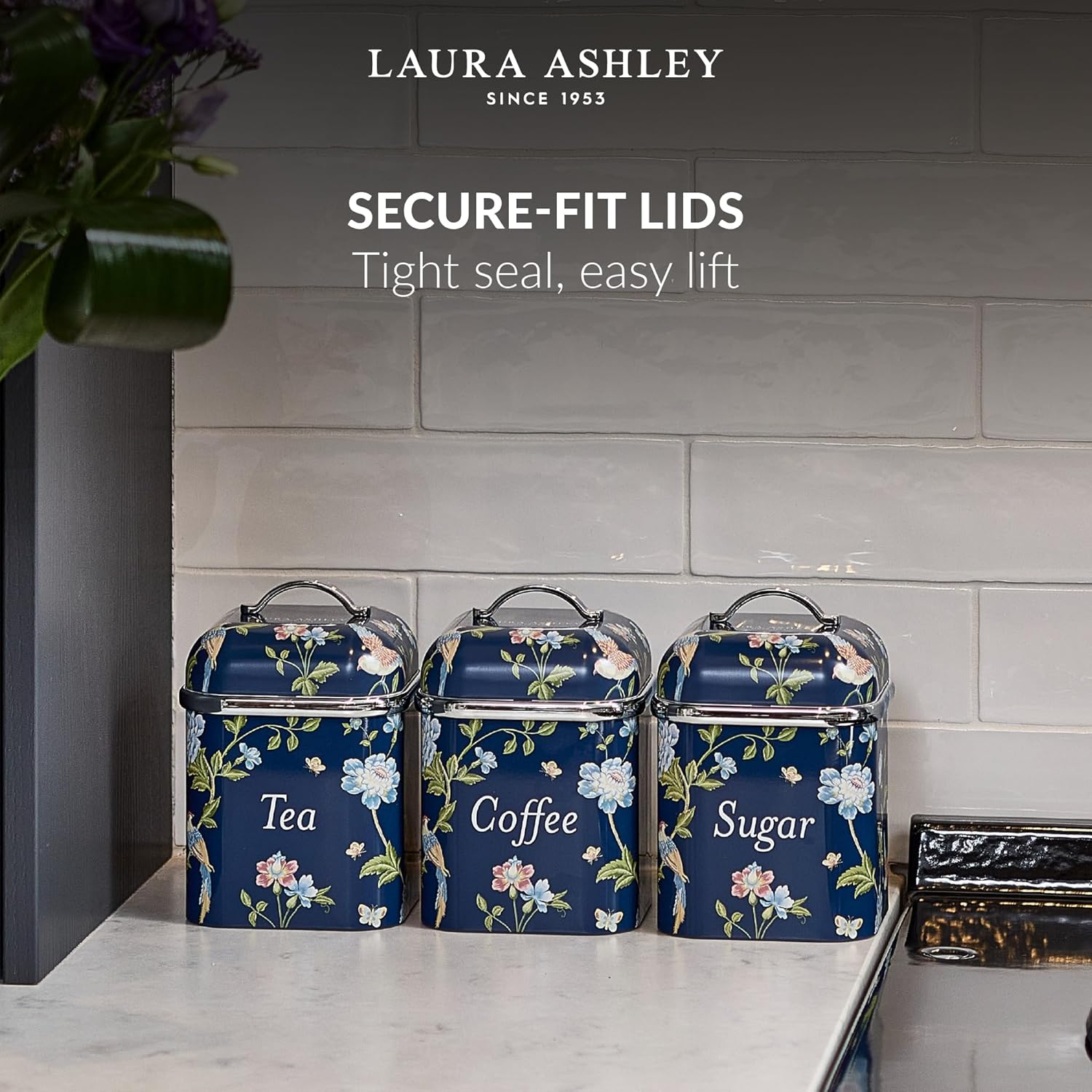 Laura Ashley Tea Coffee Sugar Canisters Set of 3 by VQ - Easy to Clean Stainless Steel Containers with Lid - Stylish Printed Kitchen Storage & Organisation Containers - Elveden Navy image number 5