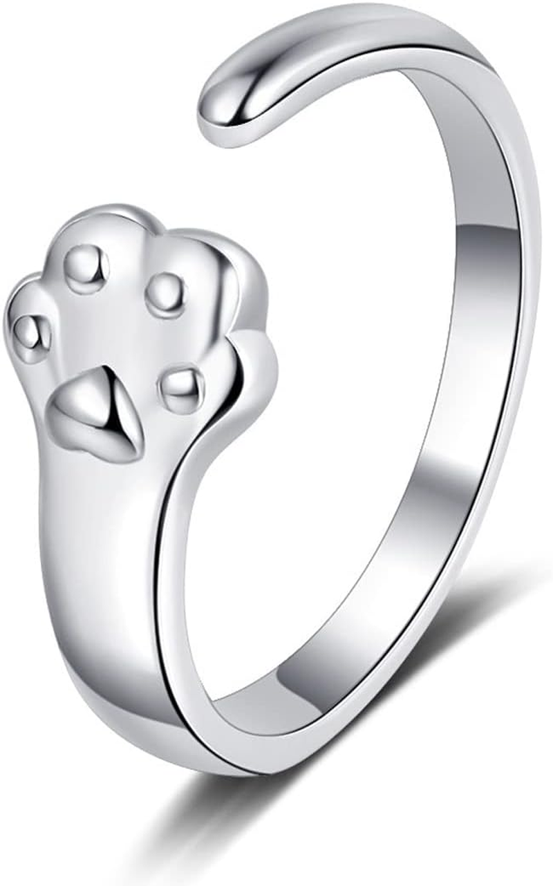 Paw Rings for Dogs Cats Silver Paw Print Animal Ring Adjustable Open Ring Pet Ring Dog Cat Footprint Ring for Women Girls