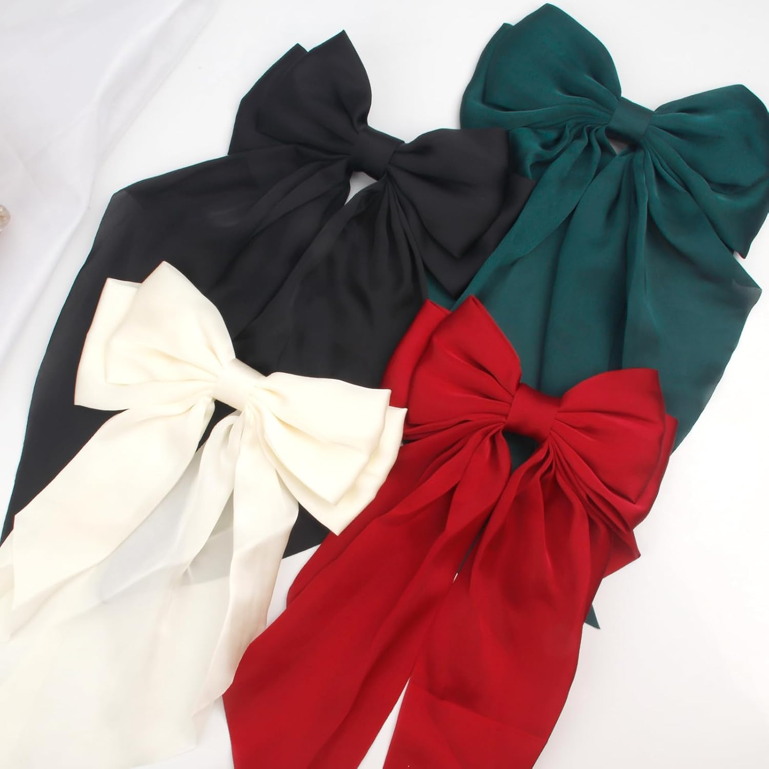 4PCS Big Hair Bows for Women, Large Ribbon Bow Hair Clips,Hair Bow Clips for Bride, Bridesmaid Bowknot Clips for Hair Barrettes Bow Clips (Black,Red,White,Green) image number 4