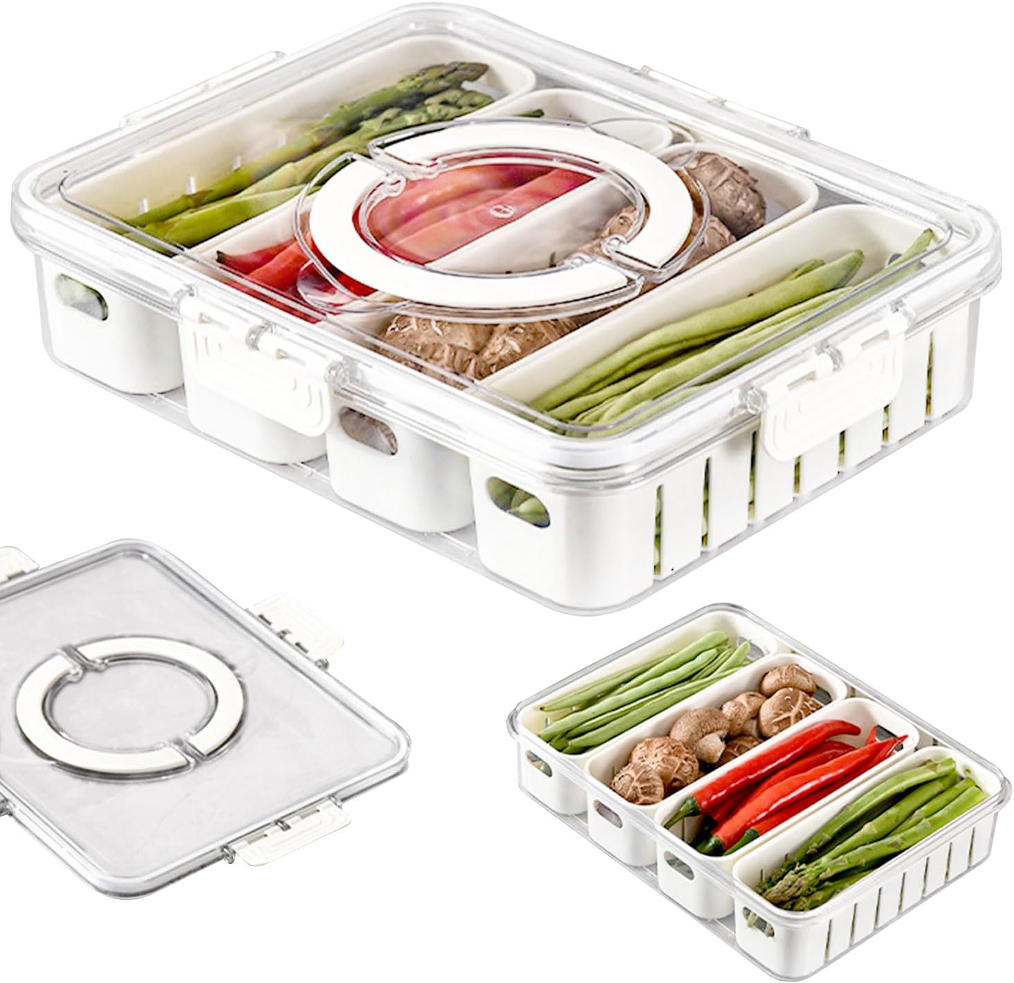 Divided Serving Tray with Lid and Handle, Storage Containers for Fridge, Snack Platters Organizer, Fruit Plate, Fresh -Keeping Box Is Suitable for Fruits, Vegetables, Refrigerators, Picnics (4 Grid) image number 5