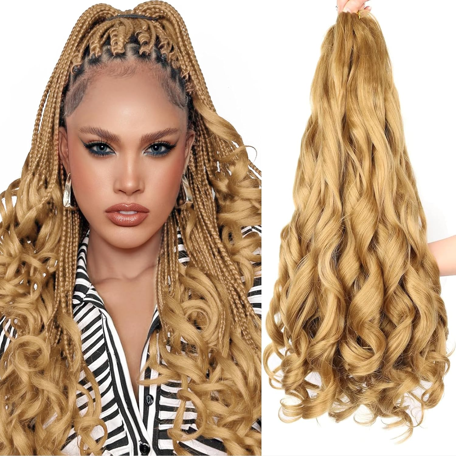 Curly Braiding Hair, 24 Inch (61 Cm) Pre-Stretched Bouncy, Loose Wave, 8 Packs, French Curly Hair with Curly Ends, French Curl Braids, Crochet Hair