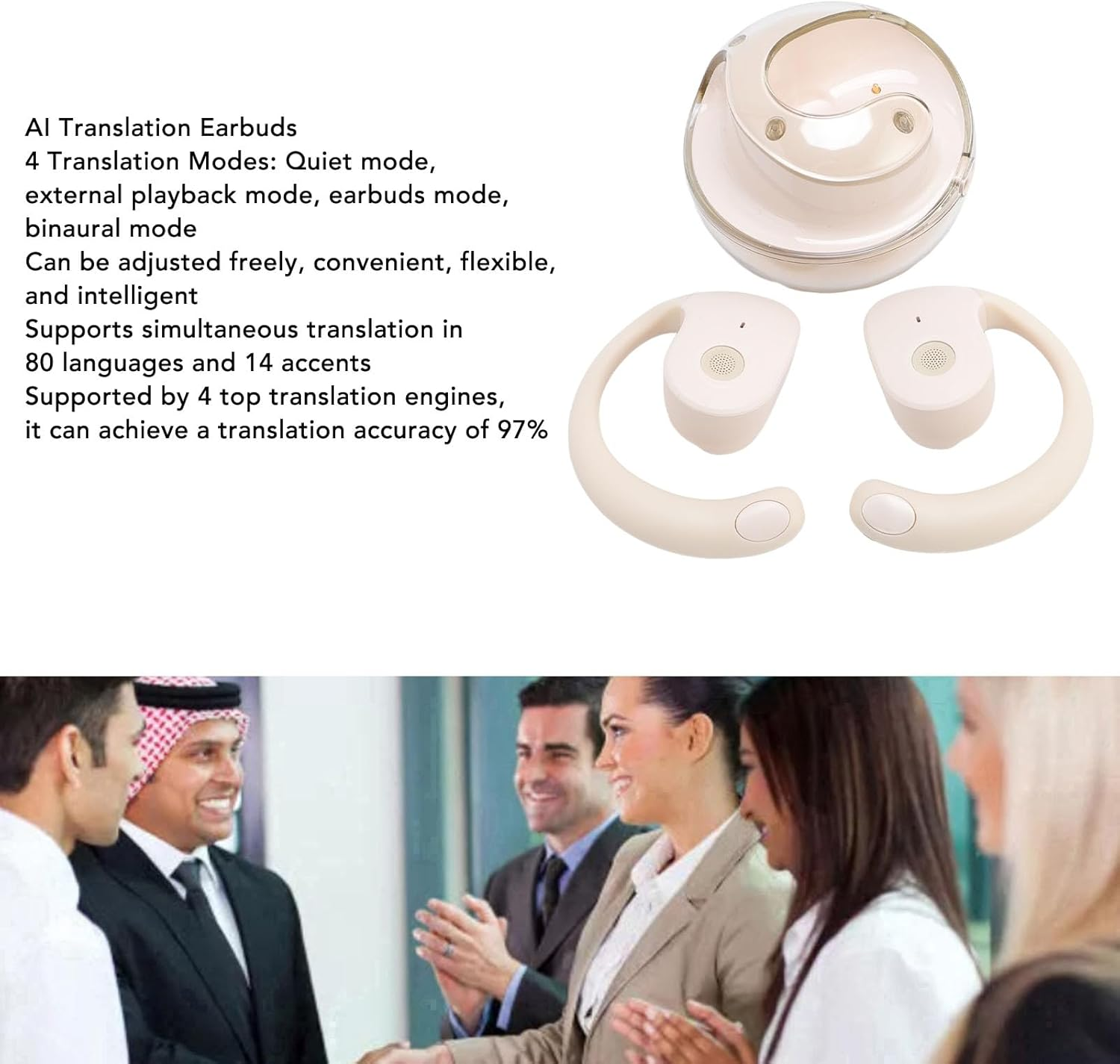 ASHATA Translation Earbuds, Long Battery Life, 80 Languages, 14 Accents, Real-Time Translator for International Travelers, ABS