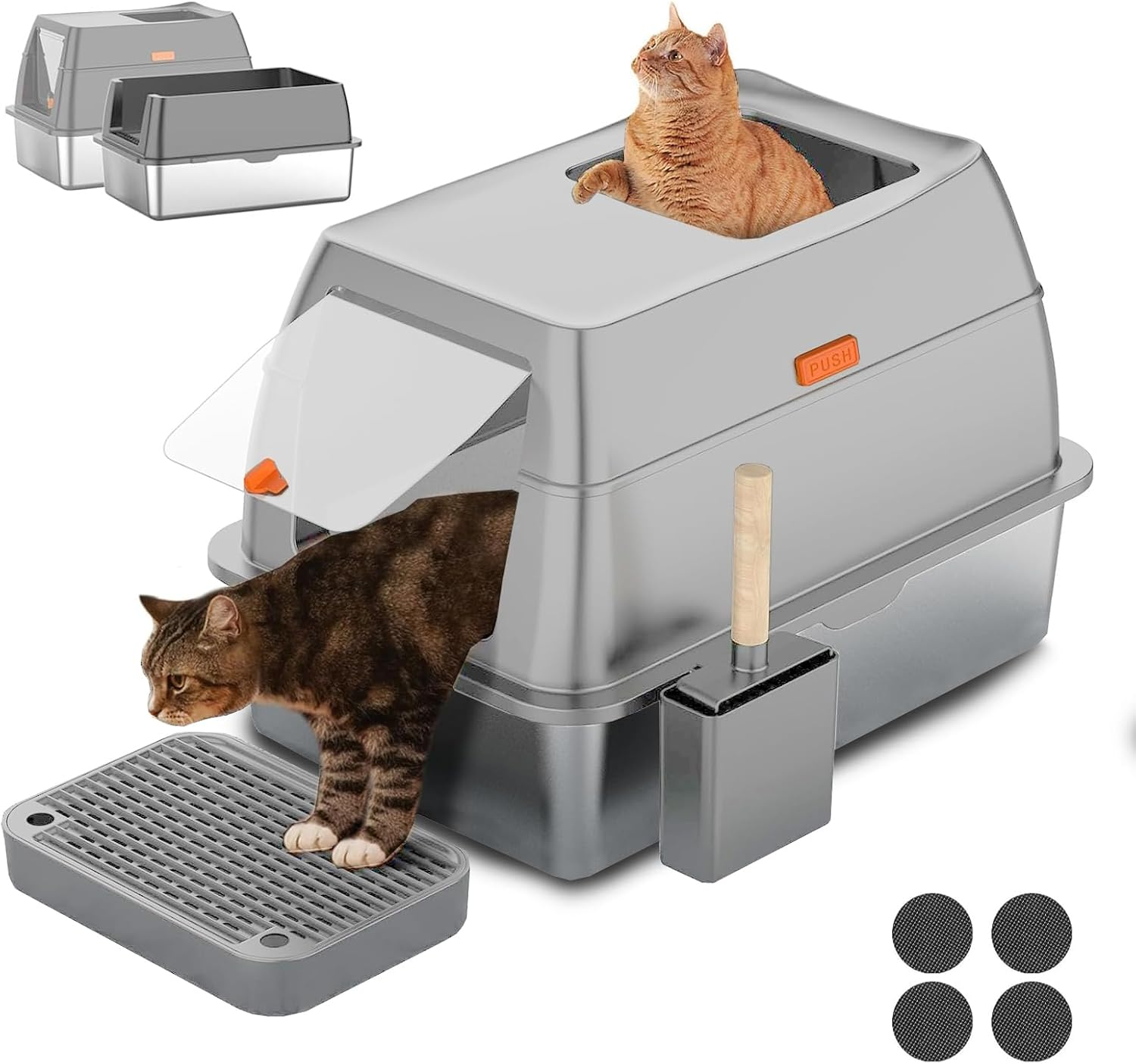 LIODUX 3-In-1 Cat Metal Litter Box Set, Stainless Steel Litter Box with Lid, Extra Large Litter Box for Big Cats, Top Entry Litter Box Enclosed with Double Filter Pedal & Scoop High Sided image number 6