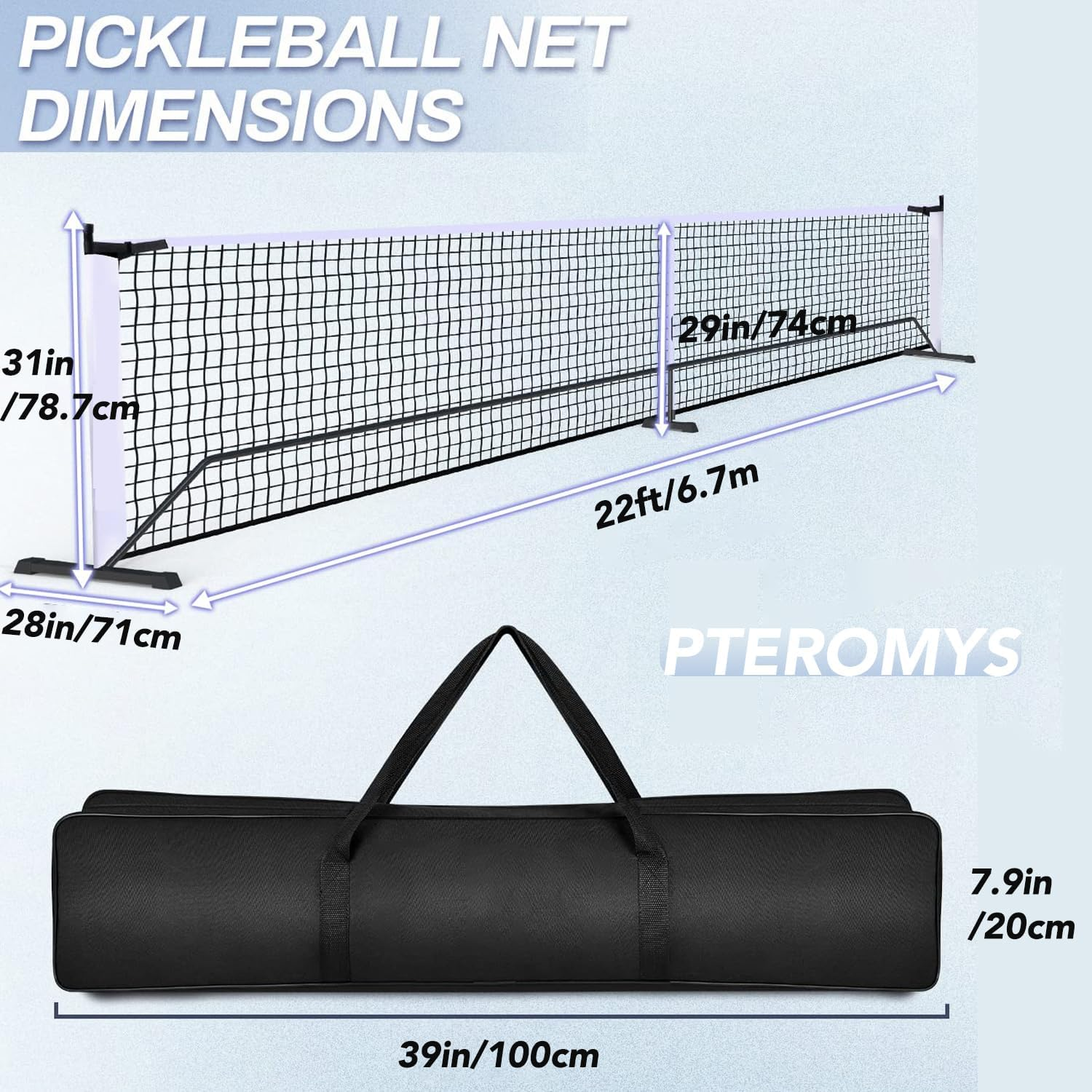 PTEROMYS Portable Pickleball Net Indoor Outdoor Regulation Size 22 FT & Half Court 11 FT Designed for All Weather Conditions - White image number 5