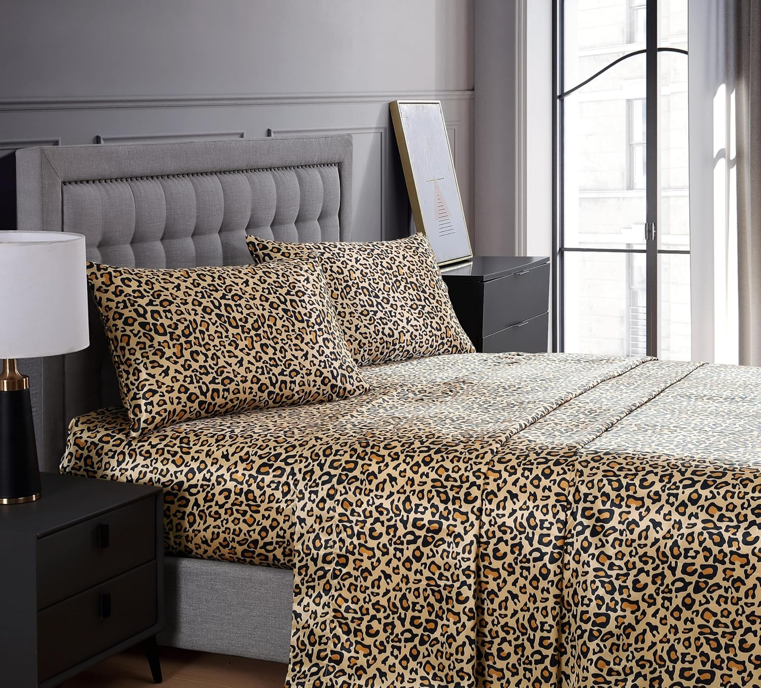 Elite Home Products 100% Luxury Satin Polyester Solid Sheet Set, King, Leopard image number 3