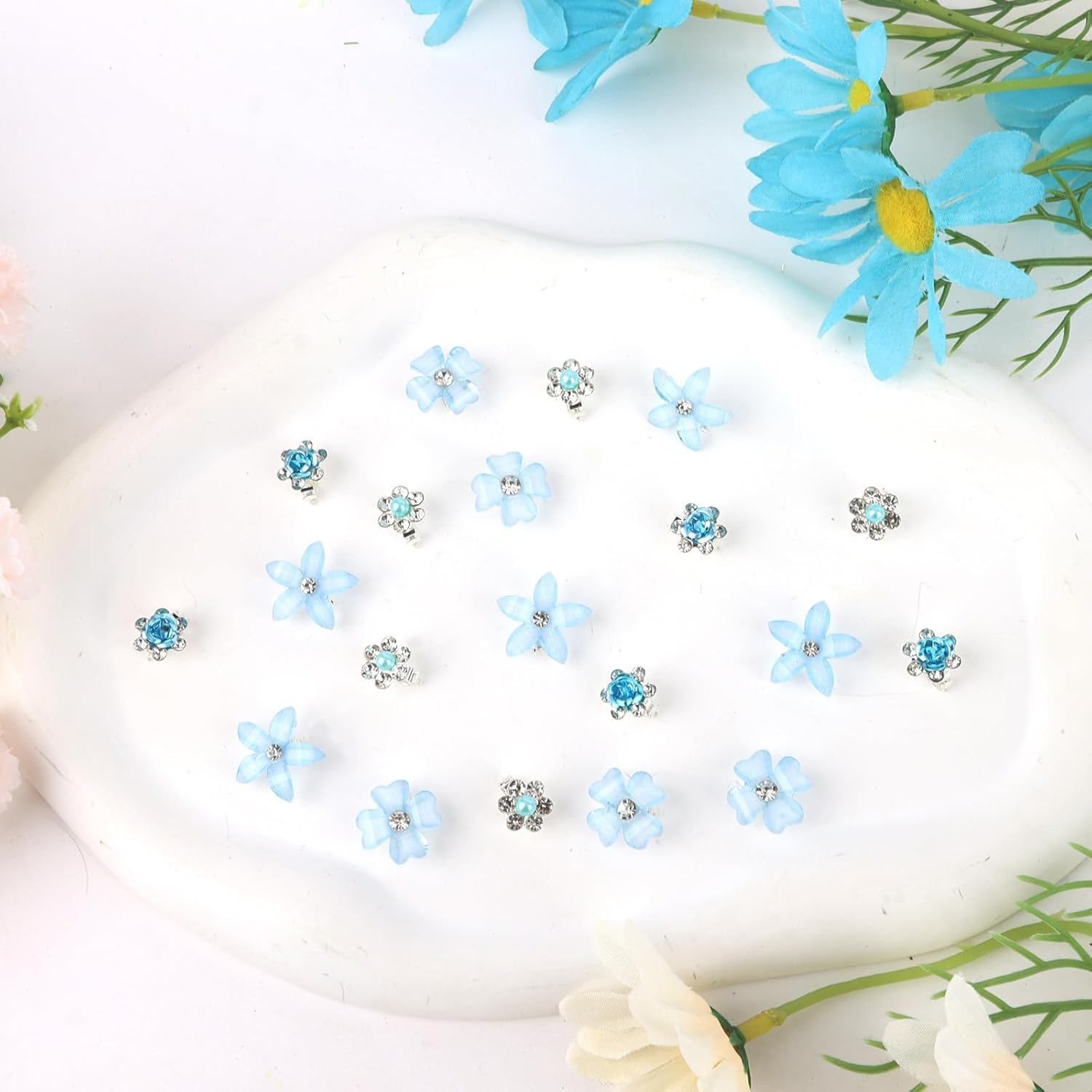 Bumlofa Blue Flower Hair Clip: 20 Mini Hair Clips Small with Crystal, Perfect for Girls & Children, Beautiful for Hairstyle Decor & Party Styling image number 5