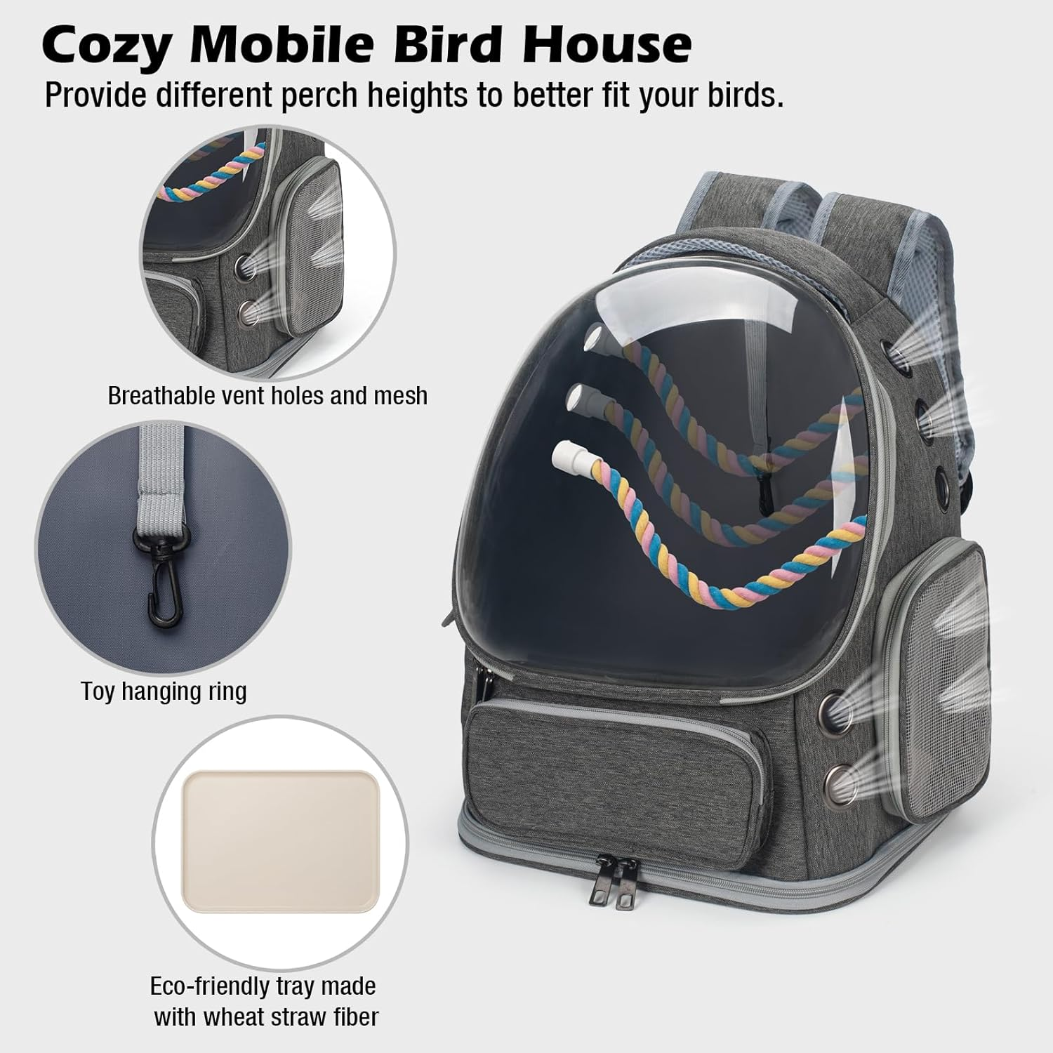 Bird Backpack Carrier Travel Cage with Perch, Tray and Breathable Clear Window, Bird Travel Cage for Cockatiel Caique Conure Quaker, for Vetting Camping Hiking (Grey) - Green image number 7