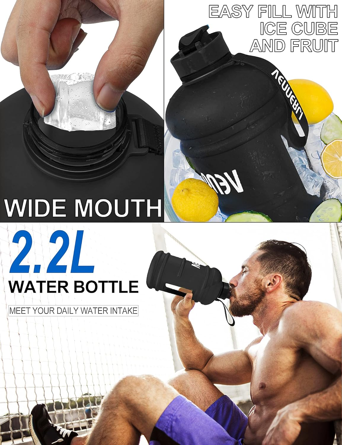 Half Gallon Water Bottle 2.2L Bottles with Handle Flip Cap 100% Leak Proof BPA Free Reusable Durable Big Gym Jug for Camping Sports Workouts Hiking Outdoors 2.2Litre (Matte Black) image number 3