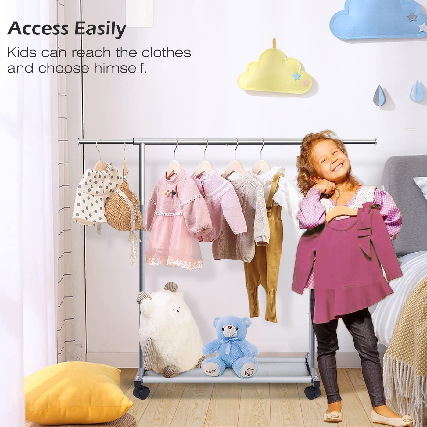 MISSLO Short Clothing Racks for Hanging Clothes with Bottom Shelves and Wheels Heavy Duty Rolling Clothes Rack Kids Clothing Rack for Adult Coat, Closet, Wardrobe image number 4