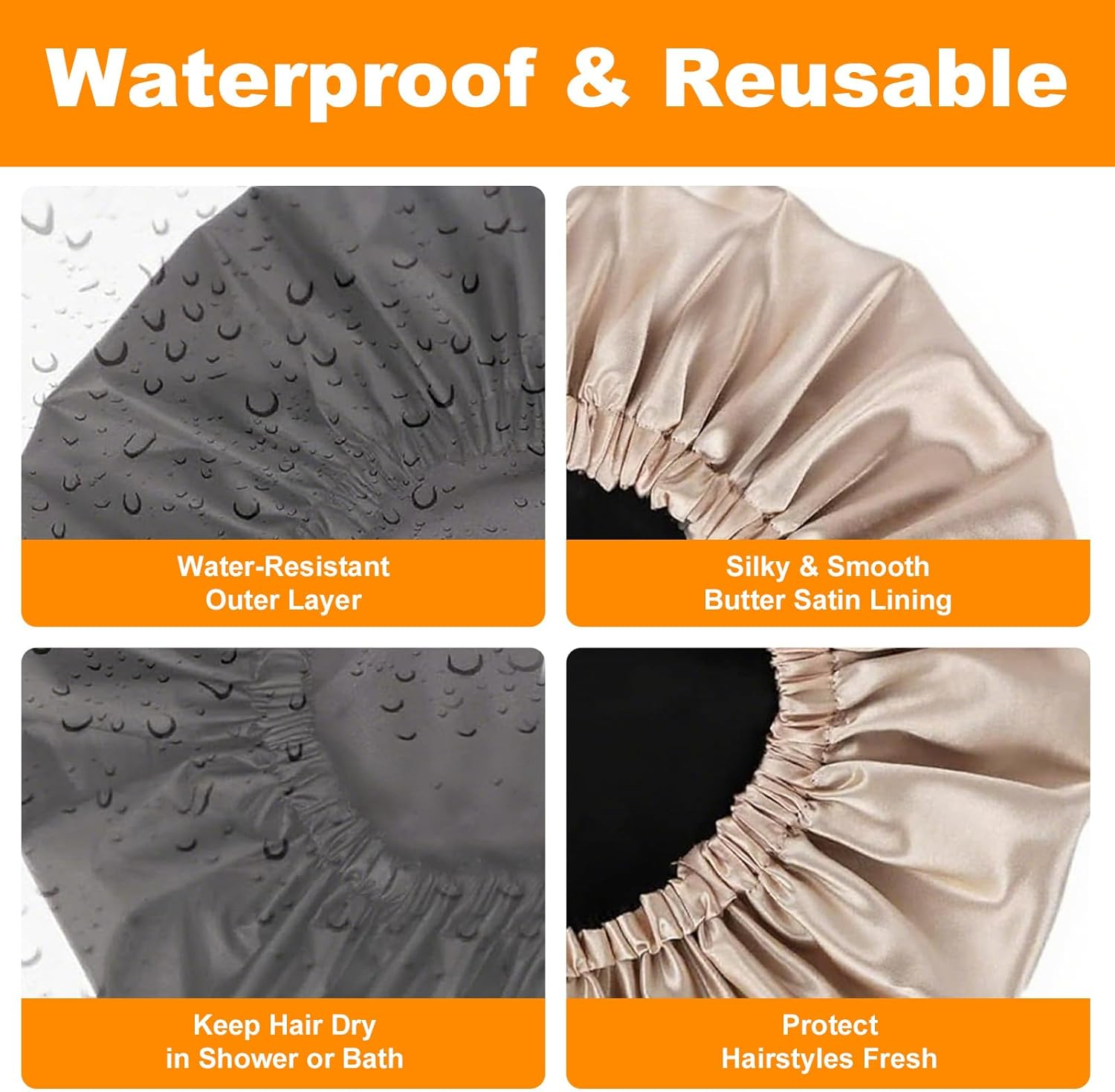 Shower Cap 1 Black Adjustable One-Size Cap with Waterproof Design. This Adjustable Shower Cap Fits Long Hair, Braids, Curly Hair&mdash;Suitable for Women, Men. Reusable, Practical for Daily Showers. image number 6