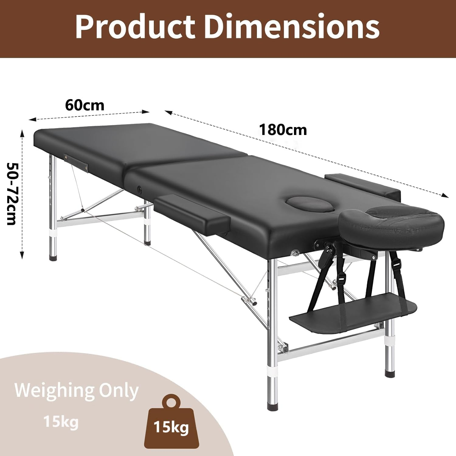 Massage Table Black 60M Portable Aluminium, Massages Therapy Bed, Folding Beauty Spa Waxing Tables Headrest 3 Fold Chair Carry Bag Beds, Black image number 3
