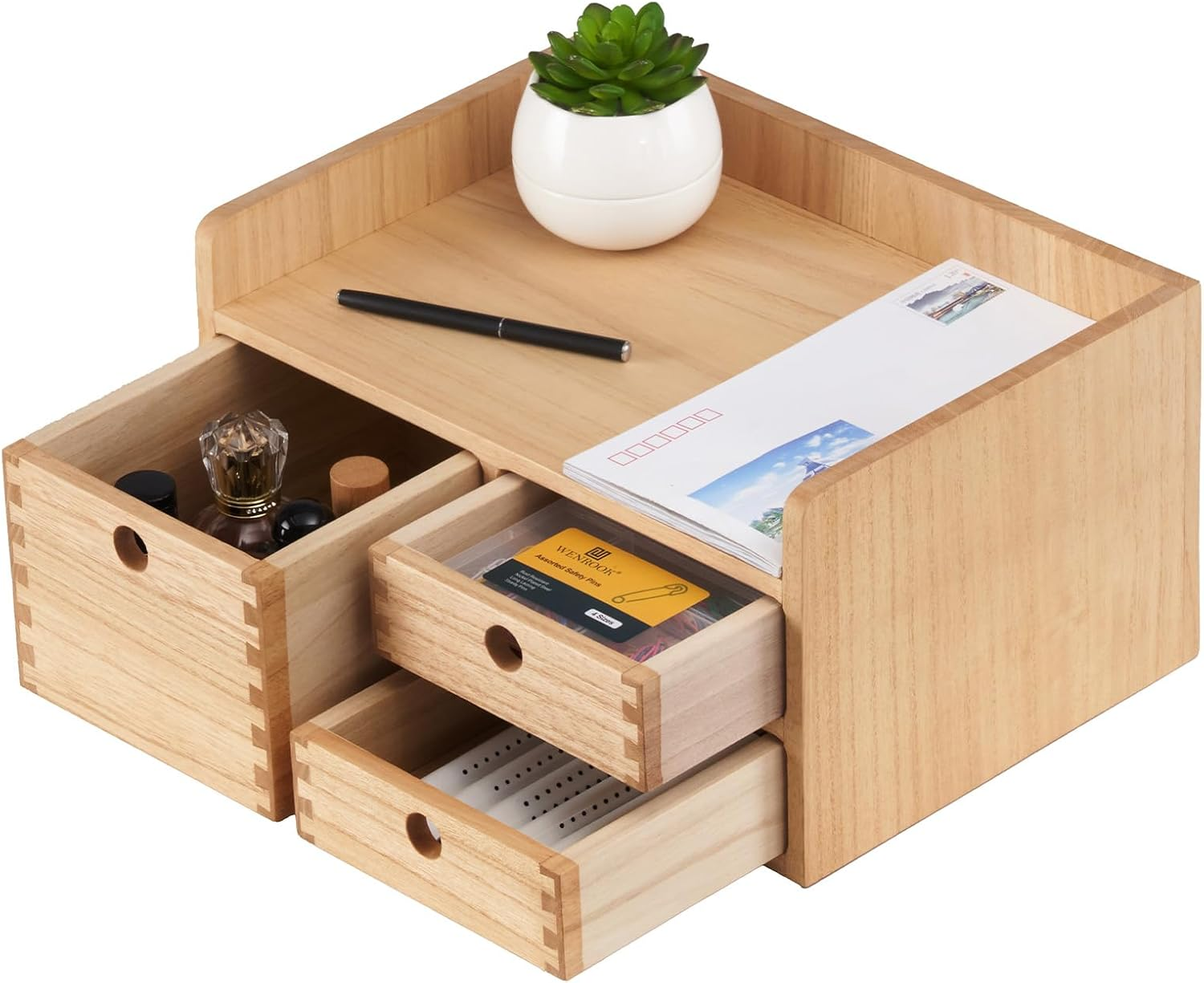 KIRIGEN Desk Organizer with 3 Drawers - Wood Drawer Storage Box with Trays for Tabletop - Workspace Office Toiletries Supplies Tool Caddy - Wooden Storage Cabinet1 Layer Dark Brown（Dt1D3C-Dbr）