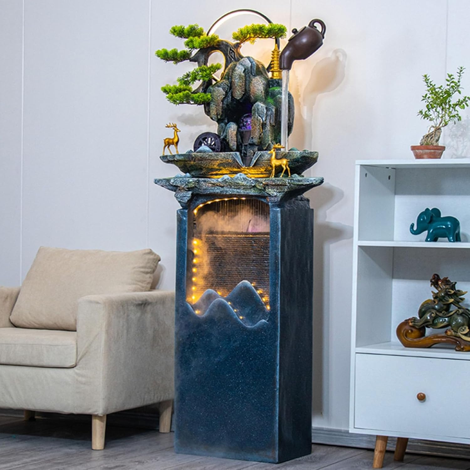 Outdoor Fountain Floor Standing Fountain with Hanging Teapot and Simulated Pine Tree, Indoor Water Recirculation Decorative for Living Room image number 3