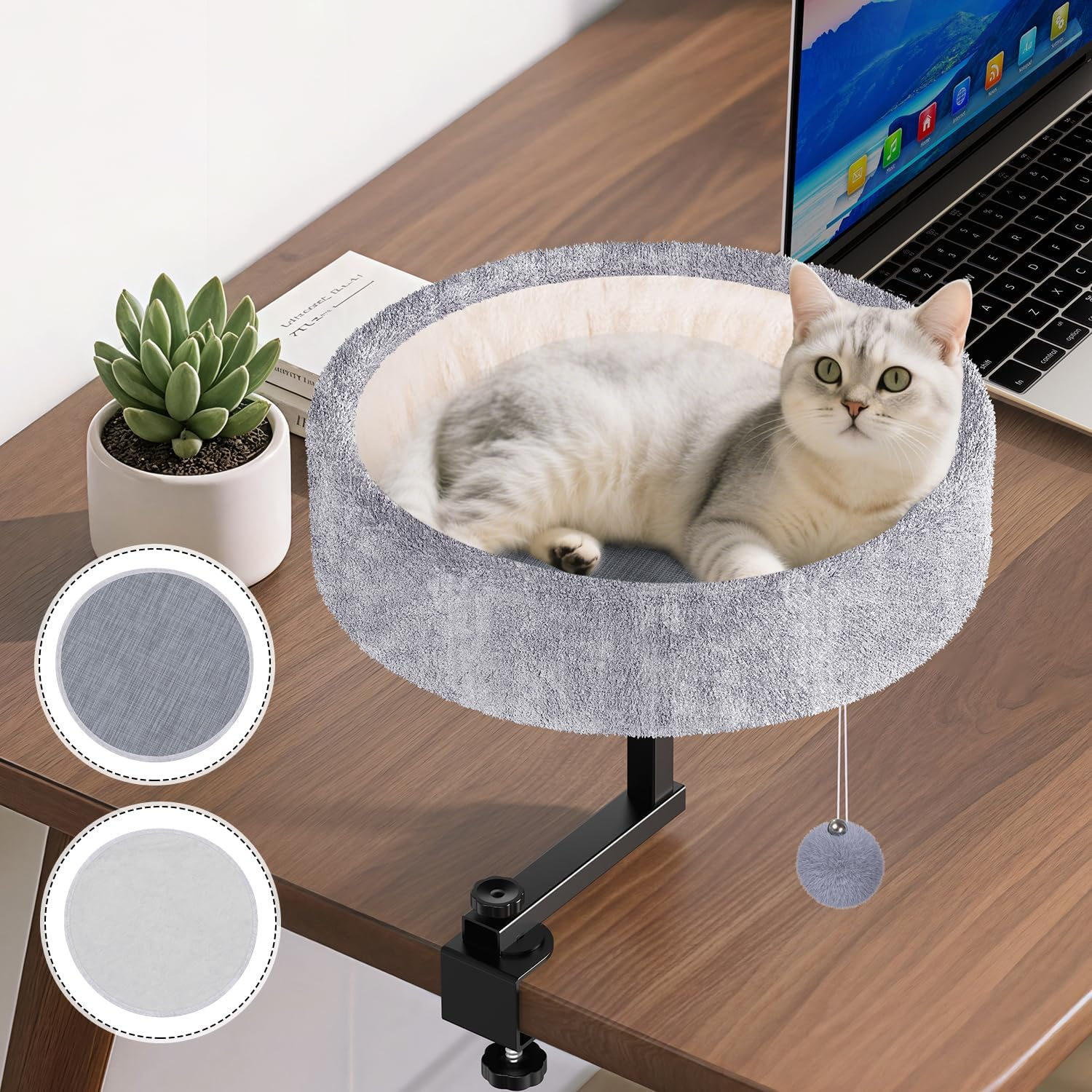 Cat Desk Bed - 360&deg; Rotating & Adjustable, Supports 44 Lbs, Soft Faux Fur with Dual-Sided Reversible Mat, Modern Indoor Cat Nest Furniture for Office Desks and Game Tables, Island Table