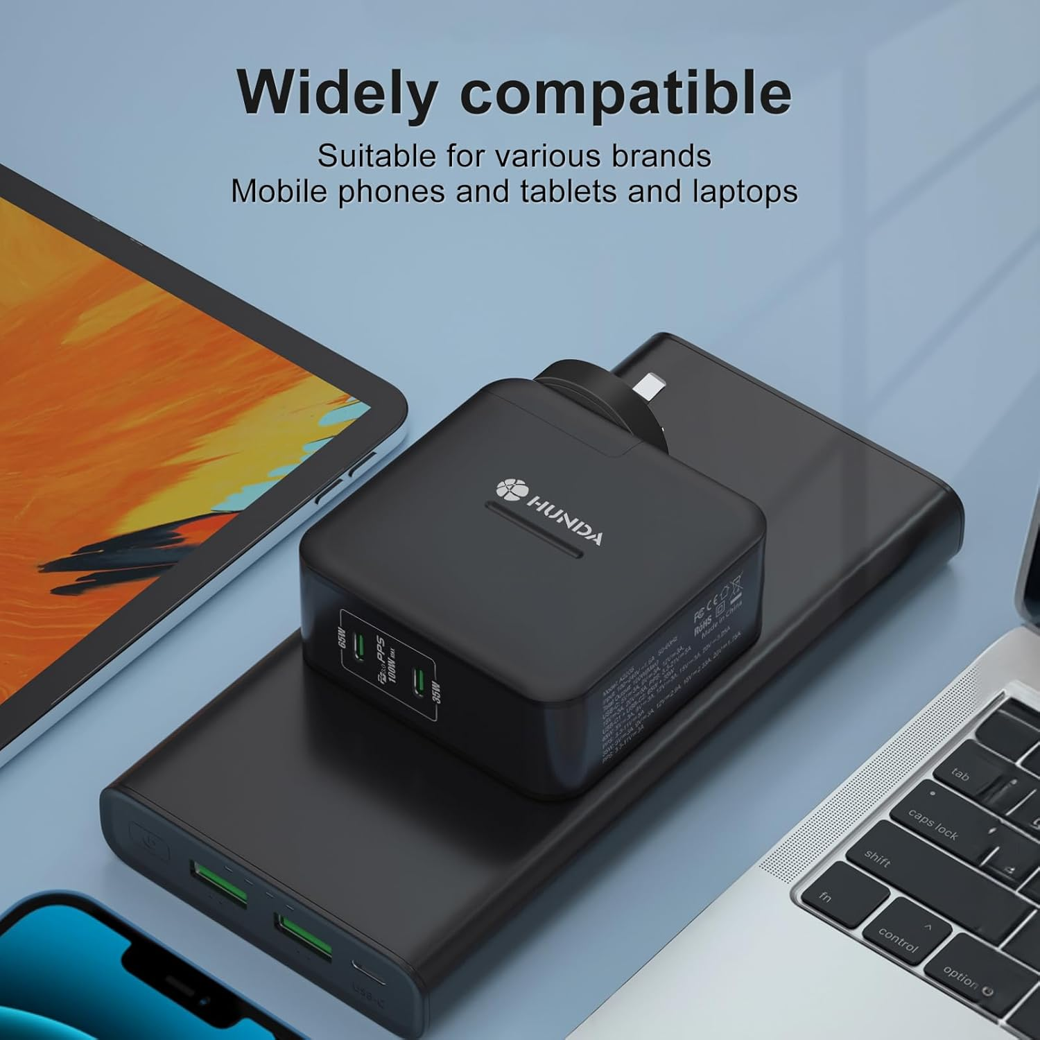 100W USB C Gan Charger,Hunda 2-Port Fast Wall Charger AU Plug Compatible with Macbook Pro/Air, Iphone 15/14/13/12/11 Pro, Dell Xps,Chromebook,Samsung Galaxy S23 Ultra,Pixel 7 Pro and All USB C Devices image number 5