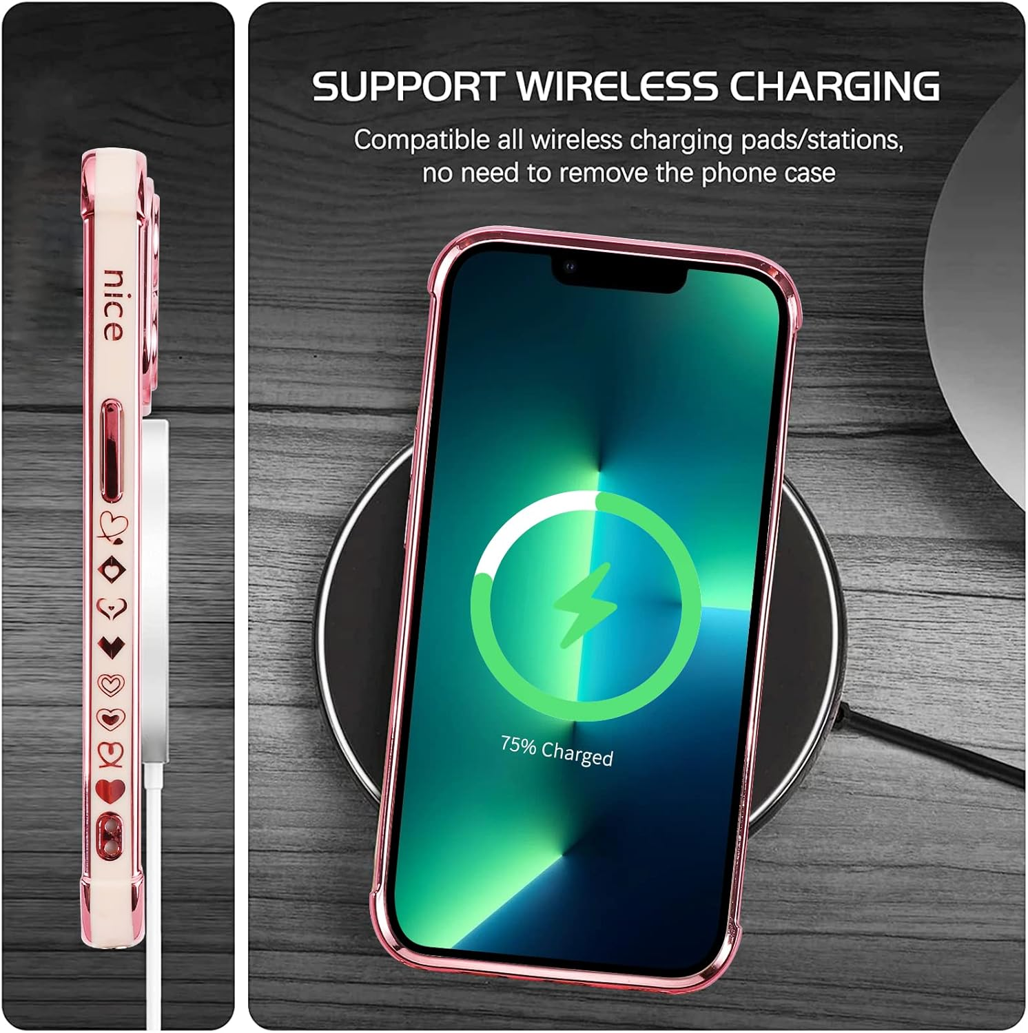 Pnakqil Mobile Phone Chain for Iphone 13 Pro Max Case with Strap, Compatible with Magsafe, Mobile Phone Case Ultra Thin Silicone Magnetic with Heart Love Pattern Protective Case with Cord for Iphone 13Pro Max 6.7 Inches, Pink image number 5