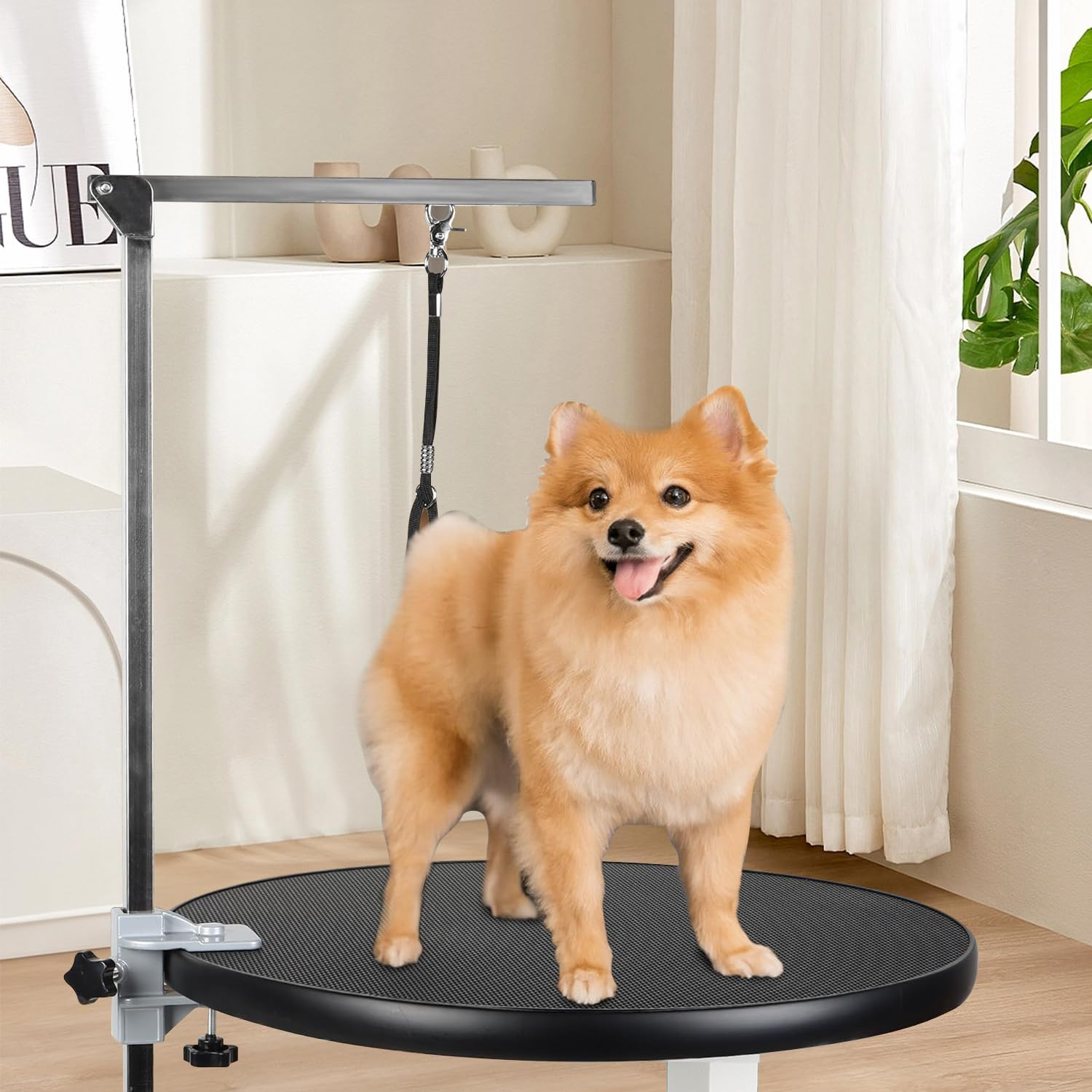 Pneumatic Lift Pet Grooming Table, Rotating Desktop Grooming Table, round Dog Cat Trimming Station with Toolbox Adjustable Overhead Arm and Table Height Max Load 110Lbs image number 2