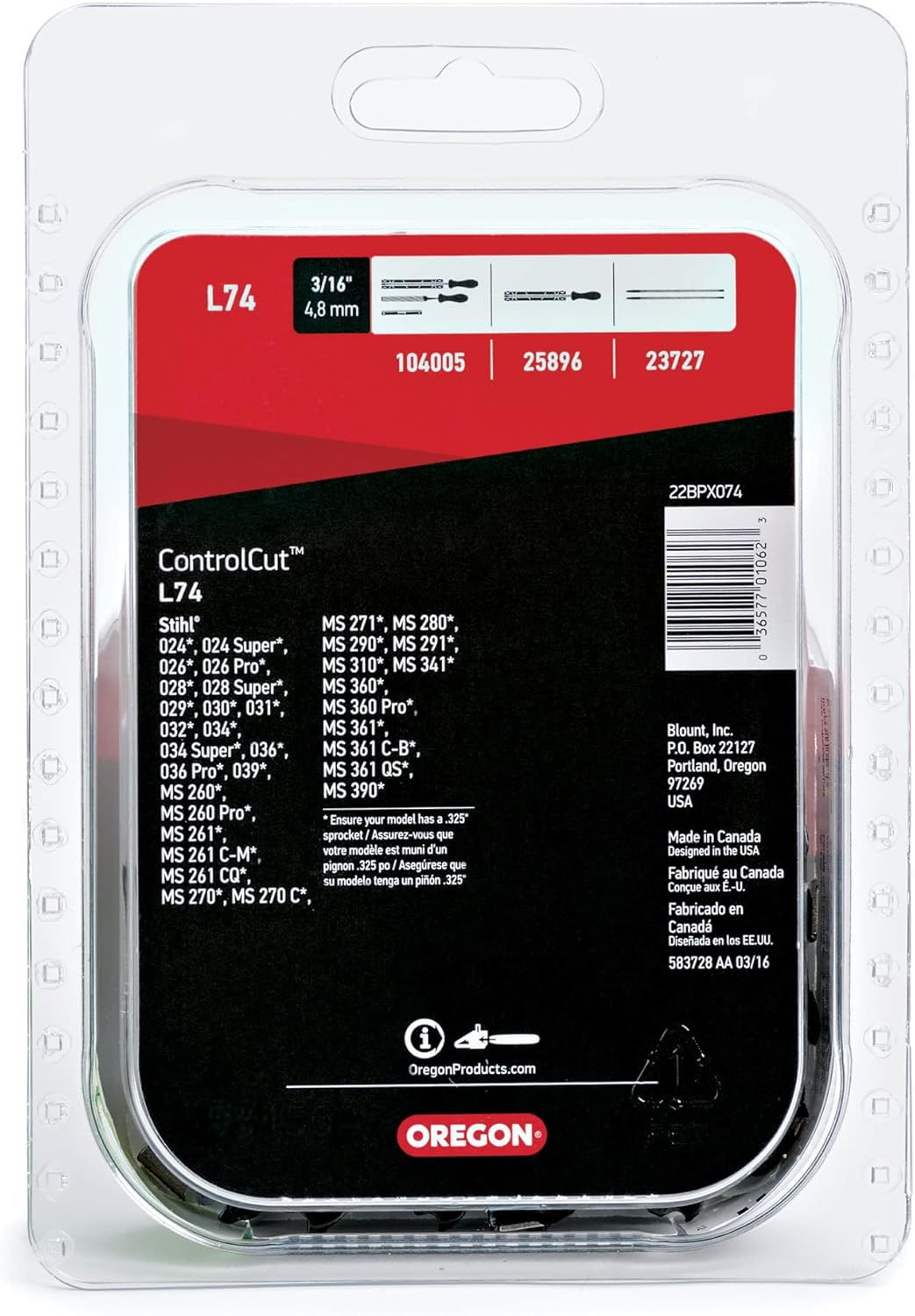 Oregon L74 Controlcut Replacement Chainsaw Chain for 18-Inch Guide Bar, 74 Drive Links, Pitch: .325", .063" Gauge, Fits Stihl Models with 18" Bars and .325" Sprockets Gray
