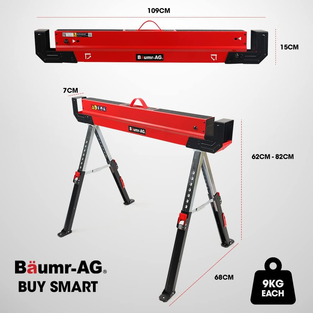 Baumr-Ag Steel Sawhorse Pack, 1180Kg Combined Capacity, Height Adjustable, 2X4 Support Arms, Set of 2 image number 2