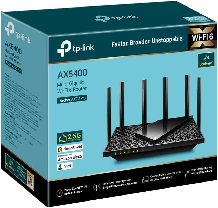 Tp-Link AX5400 Mbps Multi-Gigabit Wi-Fi 6 Router, Onemesh&trade; /VPN Supported, USB 3.0 Port, 1 Ghz Dual-Core CPU, Tp-Link Homeshield, Ideal for Gaming Xbox/Ps4/8K Steam, Plug and Play (Archer AX72 Pro) (UK Version) image number 5