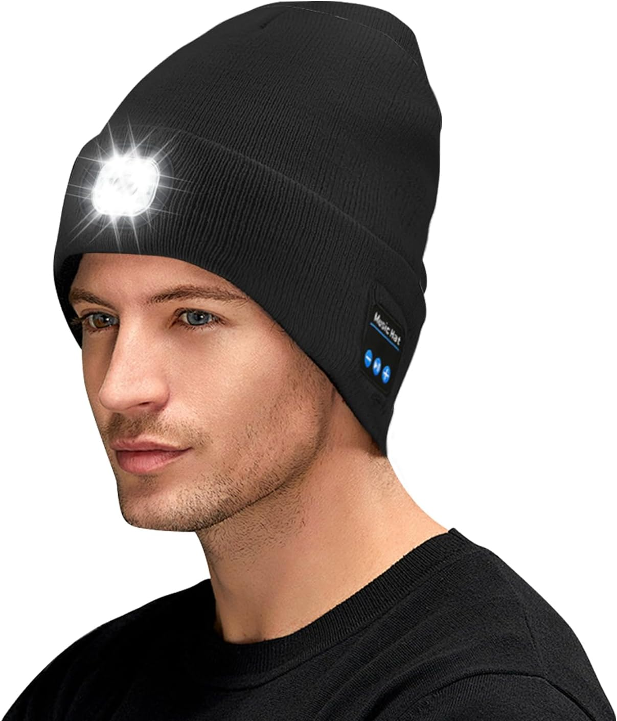 Sonicefit Bluetooth Beanie Music Hat with Light, Rechargeable LED Headlamp Knit Cap with Built-In Wireless Headphones & Mic, Unisex Winter Warm Hat