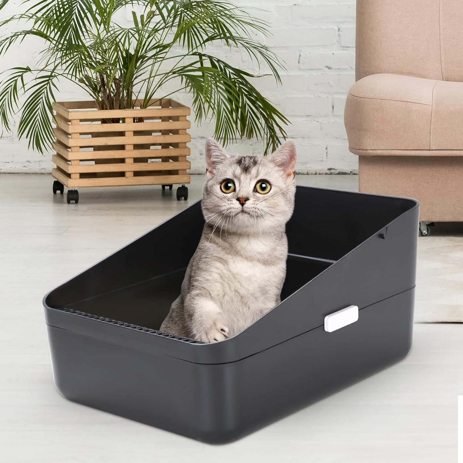 Sfozstra Open Top Litter Box: Black Medium Size with High Sides & anti Leak Design, Easy Clean Litter Pan for Home Cats image number 6