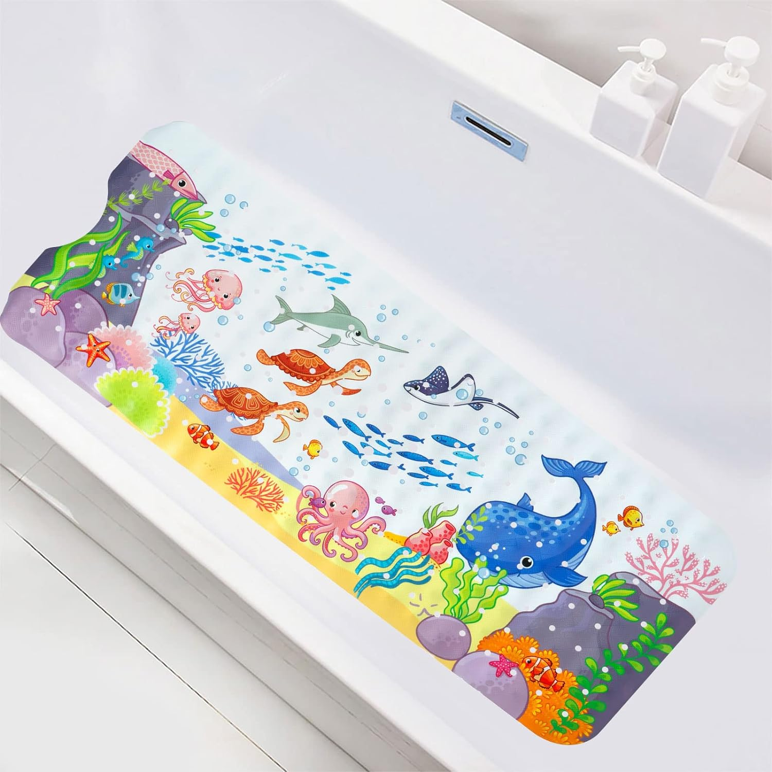 Baby Bath Mat Non Slip 40X16In Cute Cartoon Bath Mat with Suction Cup Drain Holes Machine Washable Shower Mat for Tub Bathroom Children (1, Style 3)