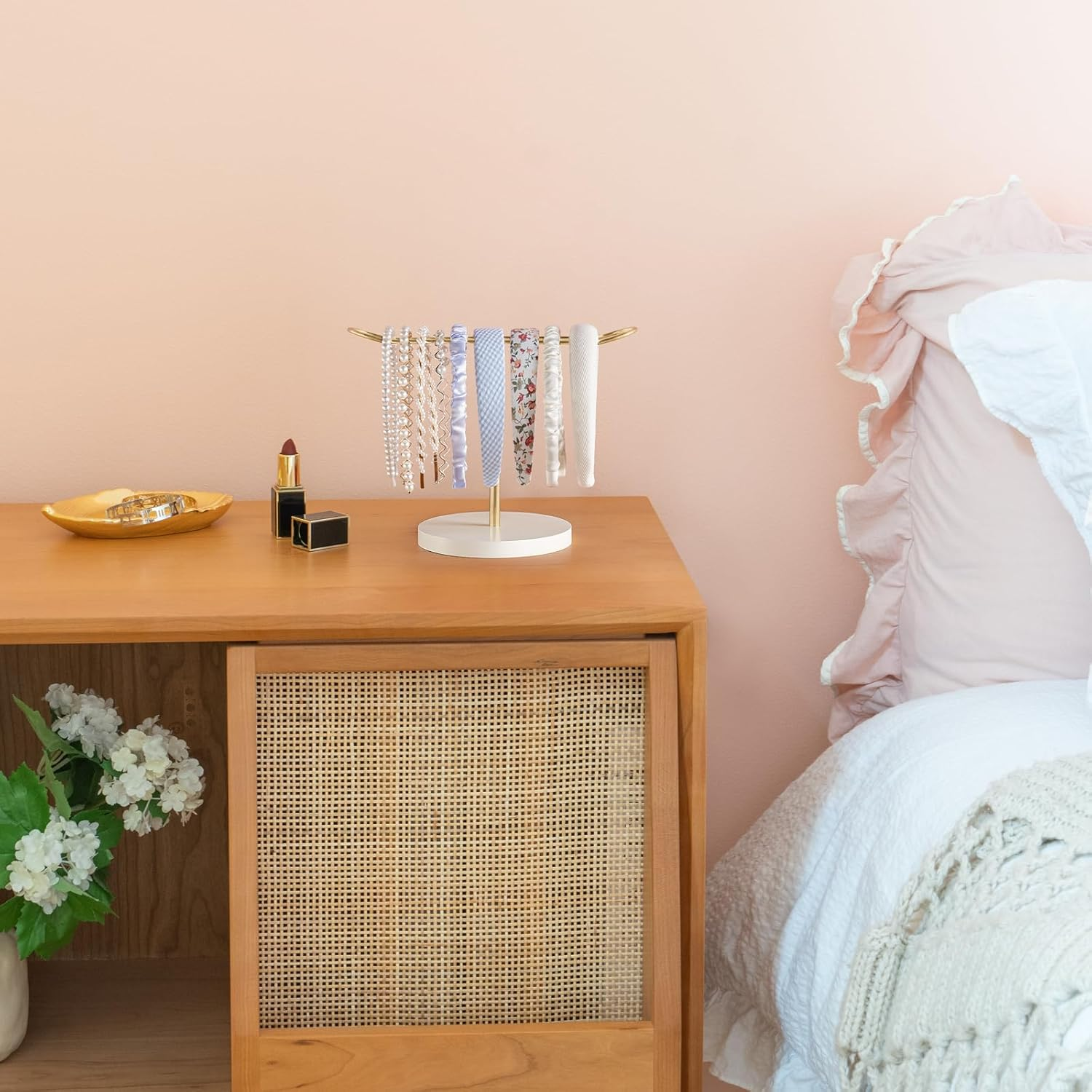 Dahey Headband Holder Metal Headband Organizer Hair Hoop Display Stand, Modern Hair Accessories Organizer Storage Hair Ropes Bracelets Bangles College Dorm Room Decor for Women and Girls, Gold image number 3