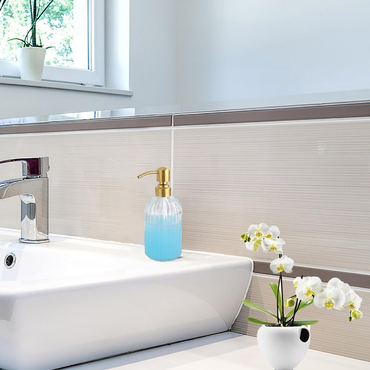 GULICA Glass Soap Dispensers Brushed Gold, for Kitchen and Bathroom, Heavey Glass Bottle 15Oz, Stainless Steel Head - Black image number 4