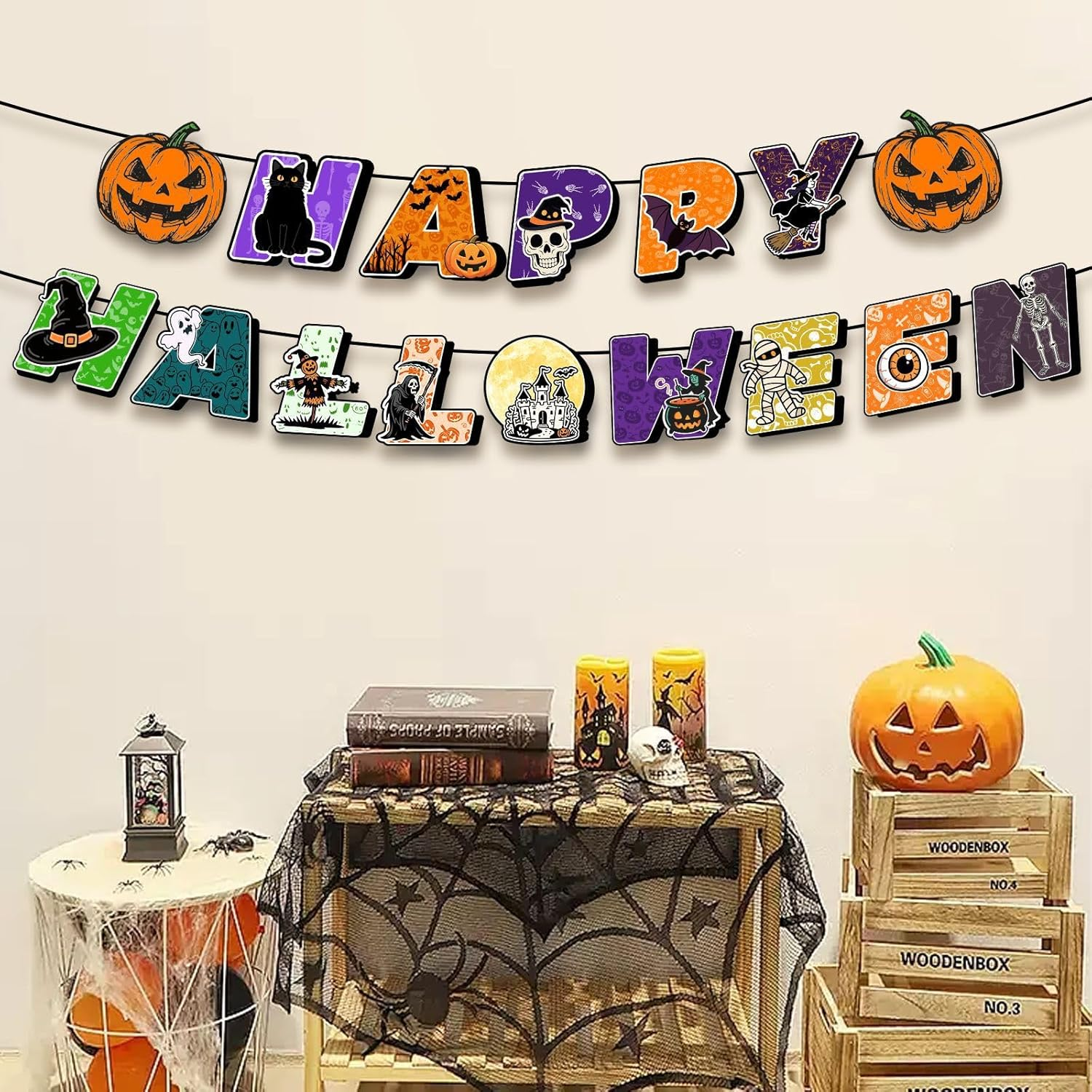 Halloween Party Decoration Banner Set, Glitter Pumpkin Garland and Happy Halloween Letter Banner, Indoor Wall Decor (Colorful One) image number 5