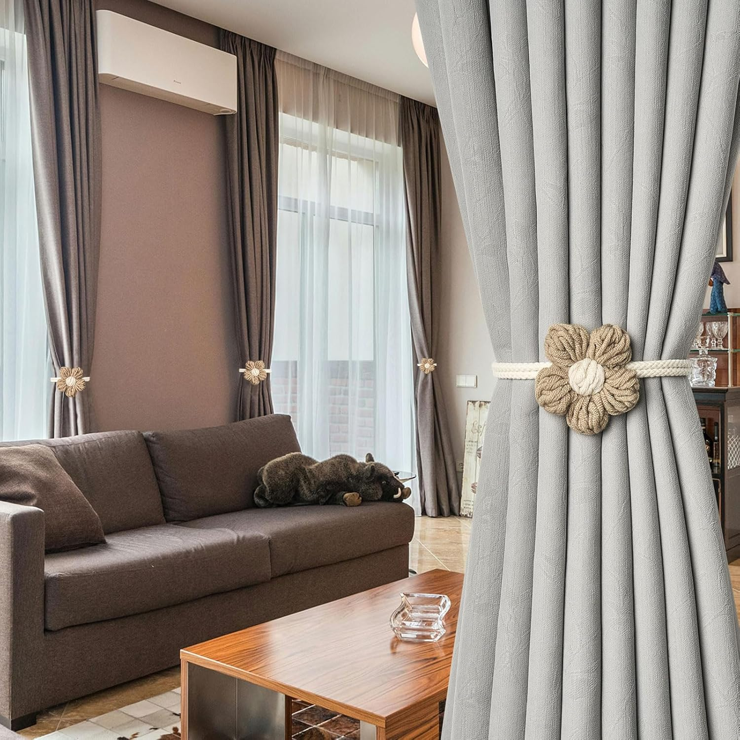 Pretty Jolly 4 Pack Cute Hand-Woven Flower Curtain Tiebacks Boho Farmhouse Style Home Decor Drape Tie Backs Adjustable Natural Cotton Rope Curtain Holdbacks for Home Office Window Draperies (C-Coffee) image number 2