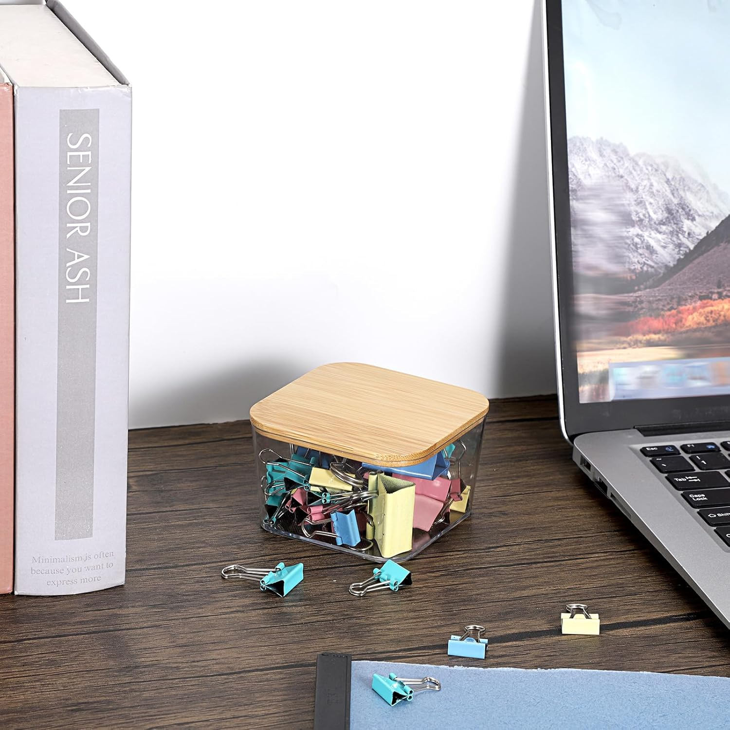 OGA Staple Dispenser Office Clips Box Plastic Box with Bamboo Lid Small Transparent Storage Box Versatile Desk Organiser for Paper Clips, Paper Clip, Letter Clips 8.5 X 8.5 X 5 Cm image number 2
