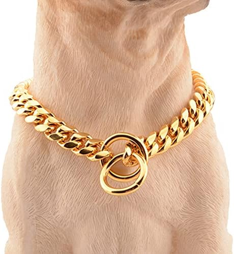 Gold Chain Dog Collar Link Chain Stainless Steel Metal Links Walking Training Collar for Small Medium Large Dogs (Golden, 20") image number 2