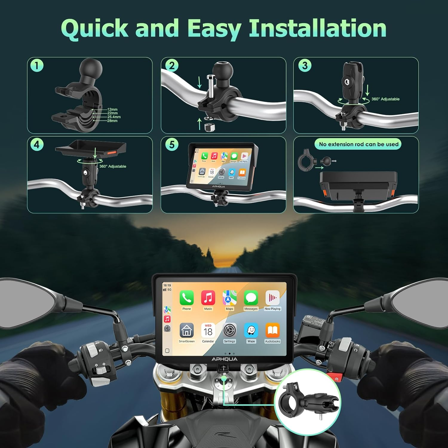 APHQUA Motocycle Carplay-7-Inch Motorcycle GPS Navigation System with Apple Carplay & Android Auto, Waterproof Touchscreen, Bluetooth, IP67 Waterproof for Motorbike, Support Siri & Google Assistant image number 2