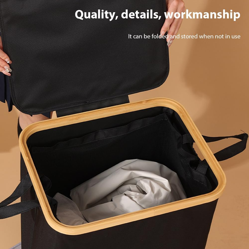 Laundry Hamper with Lid, Large Foldable Laundries Hampers, Slim Laundry Hampers with Lid, Cloth Storage Basket, Black Hamper for Laundriese, Removable Inner Bag, Narrow Laundries Basket image number 4