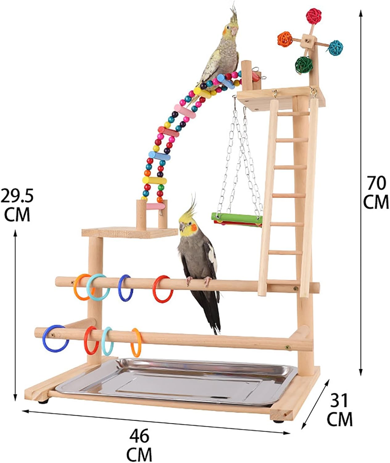 Beaufairy Bird Playground Parrot Play Stand, Parrot Playstand Wood Play Gym, with Swing Climb Natural Wood Playpen Ladder and Tray, for Parakeets, Cockatiels, Bird Cage Accessories, 46*31*70CM, F557 - 020 image number 2