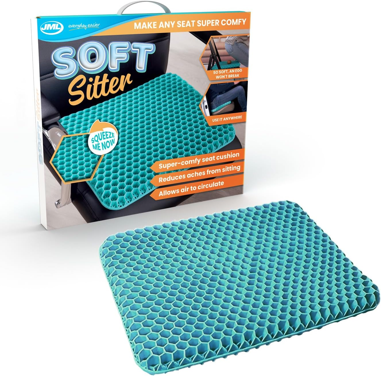 JML Soft Sitter Honeycomb Cushion - Gel Seat Cushion for Support and Flexibility, Home, Office, Gaming and Car Seat Pads - Lightweight, Durable, Breathable for All-Day Comfort and Posture, Aqua Green image number 2
