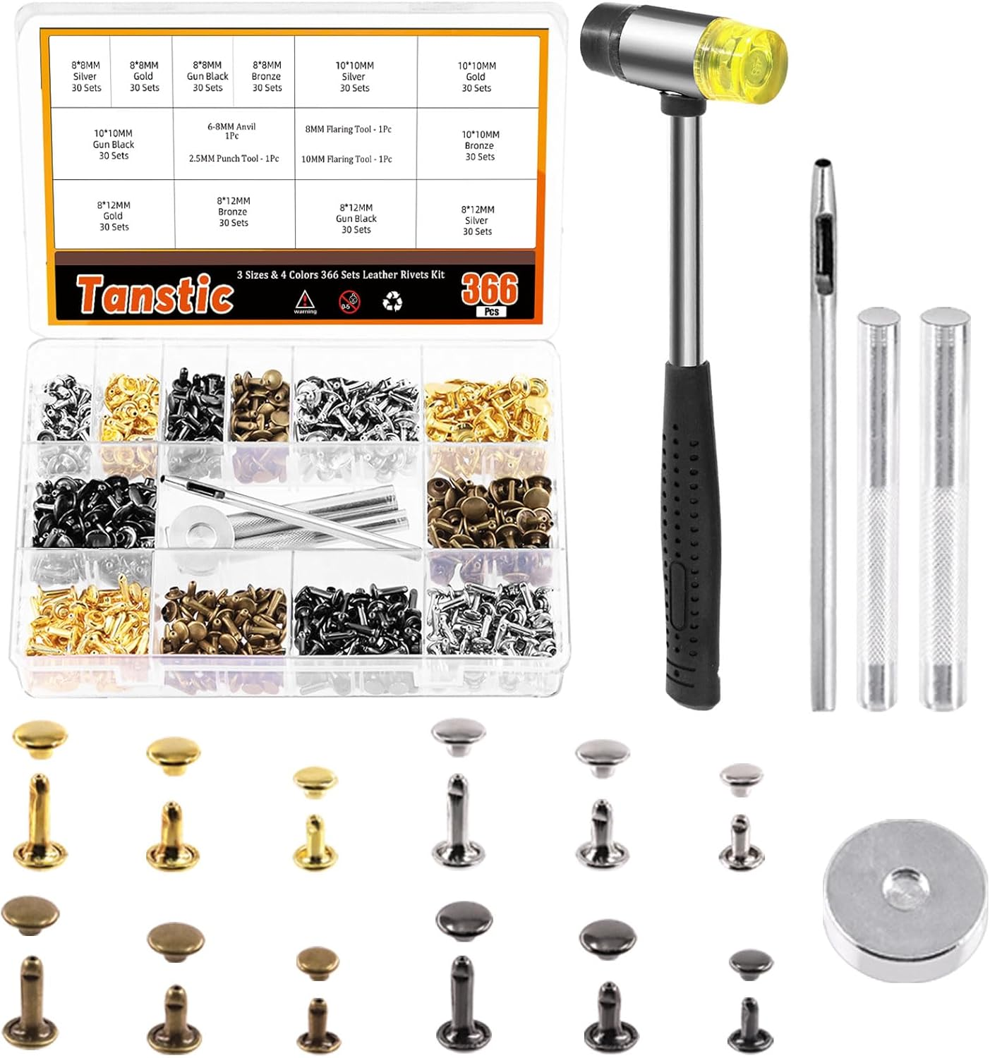 Tanstic 365Pcs Leather Rivets Kit, 3 Sizes 4 Colors Double Cap Rivets Flat Tubular Metal Studs with Rubber Hammer and Setting Tool Kit for Leather Craft Repair Decoration(Silver/Gun Black/Bronze/Gold)
