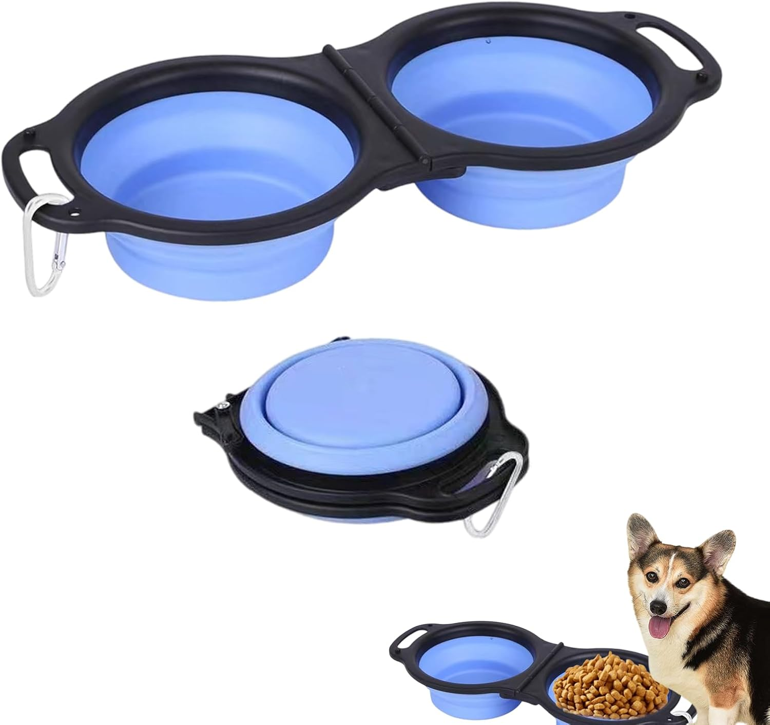 Collapsible Dog Food Water Bowl, 2 in 1 Silicone Double Bowl, Portable Travel Pet Feeder Bowl, Expandable Pets Bowl with Carabiner for Walking, Traveling, Hiking, Camping (Blue, Size-1) image number 5
