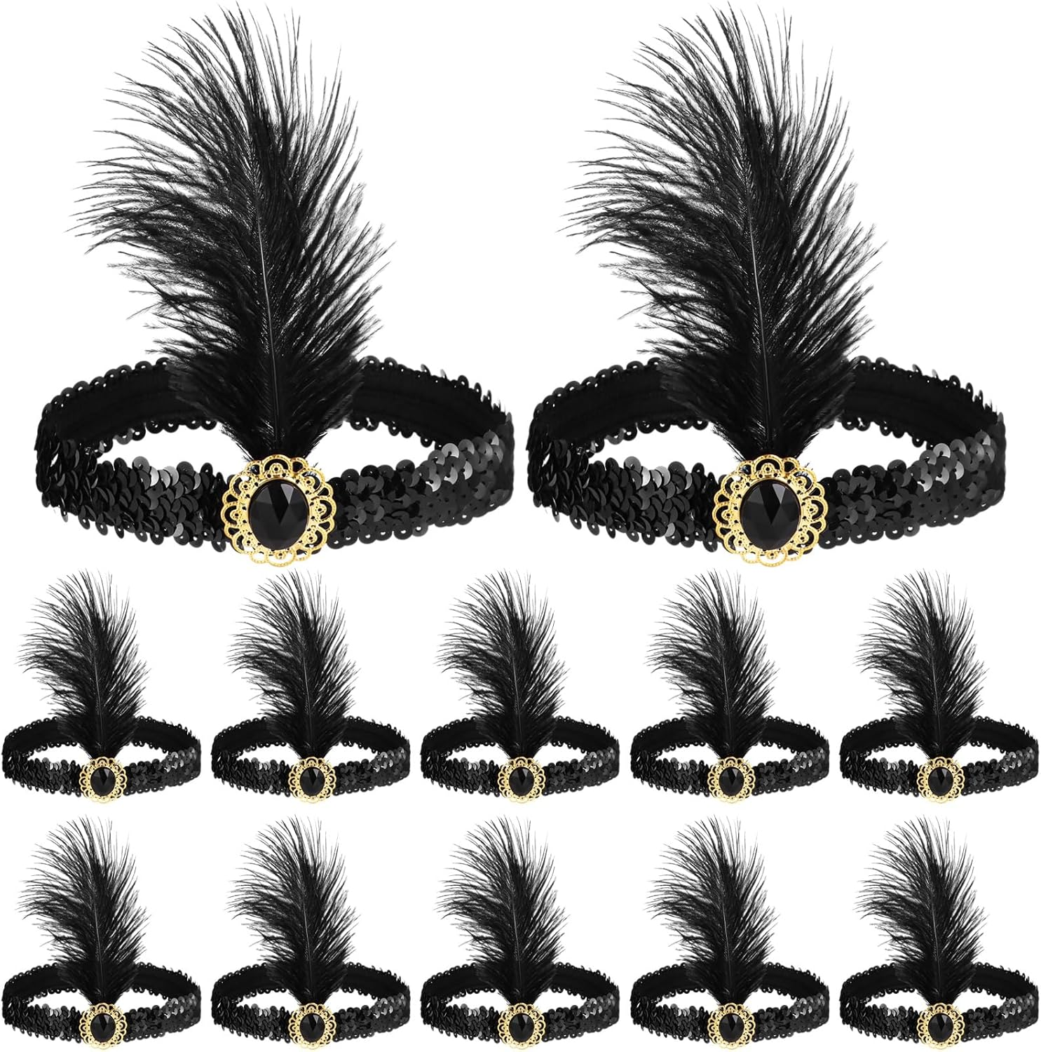 YOFAPA 12 Pieces 1920S Flapper Headbands, Vintage Black Feather Headpieces for Women, Classical Feather Headbands, Hair Costume Accessories image number 4