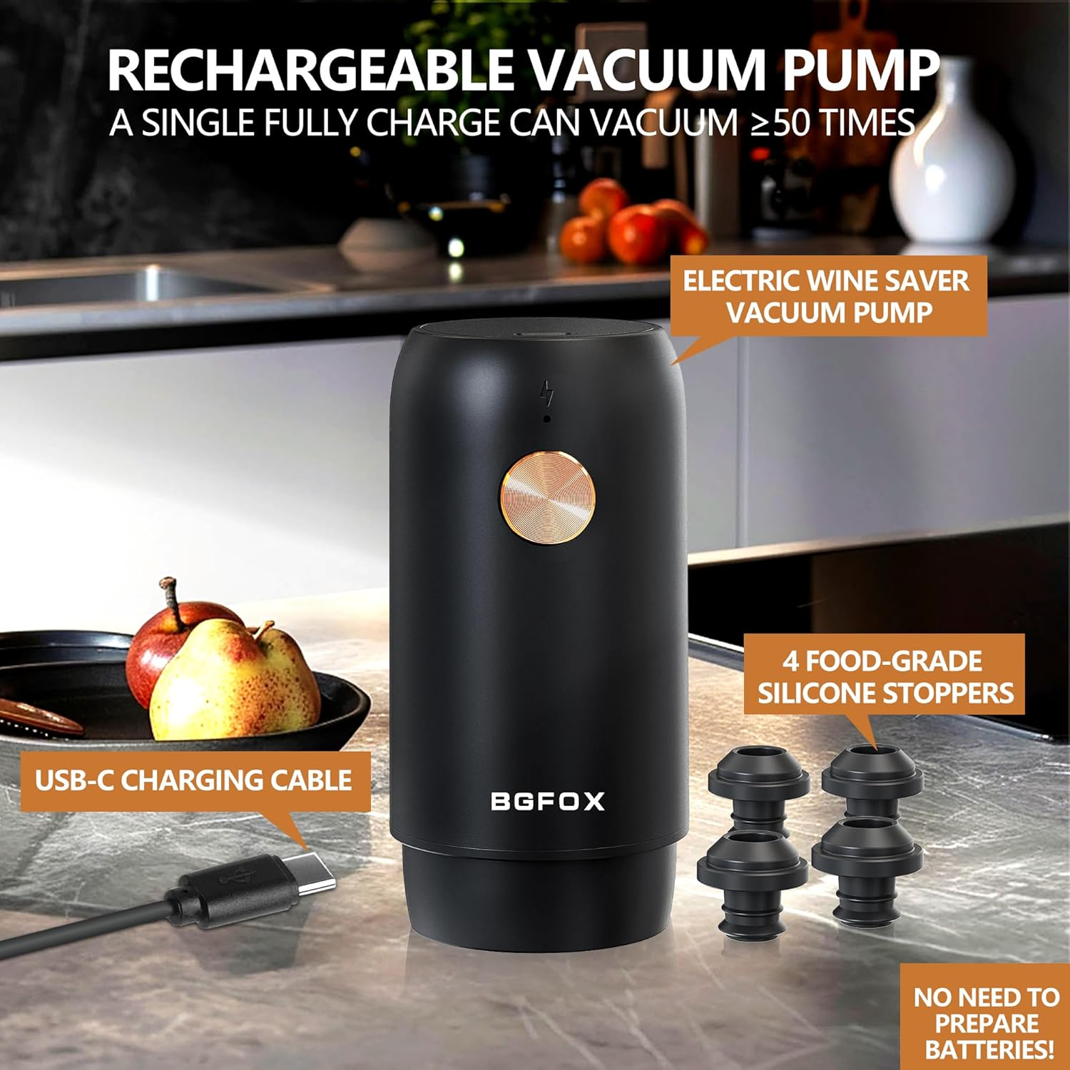 BGFOX Electric Wine Saver Pump with 4 Reusable Vacuum Stoppers, Automatic Wine Air Remover Pump Bottle Stoppers, Rechargeable Wine Preserver Bottle Sealer Keeps Wine Fresh, Gifts for Wine Lovers image number 2