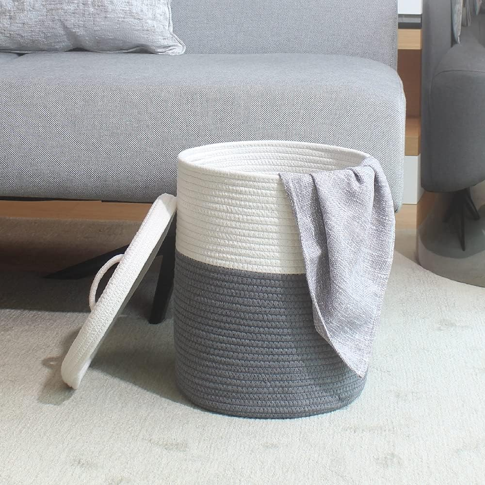 Yimi'S Dream Storage Basket with Lid, Cotton Rope Woven Storage Basket, Small Storage Bins, Nursery Organizers and Storage, Baby Toy Laundry Basket (White & Grey, 12D X 13.5H Inches) - Whiteblacksuture - With Lid(1 Pack) image number 6