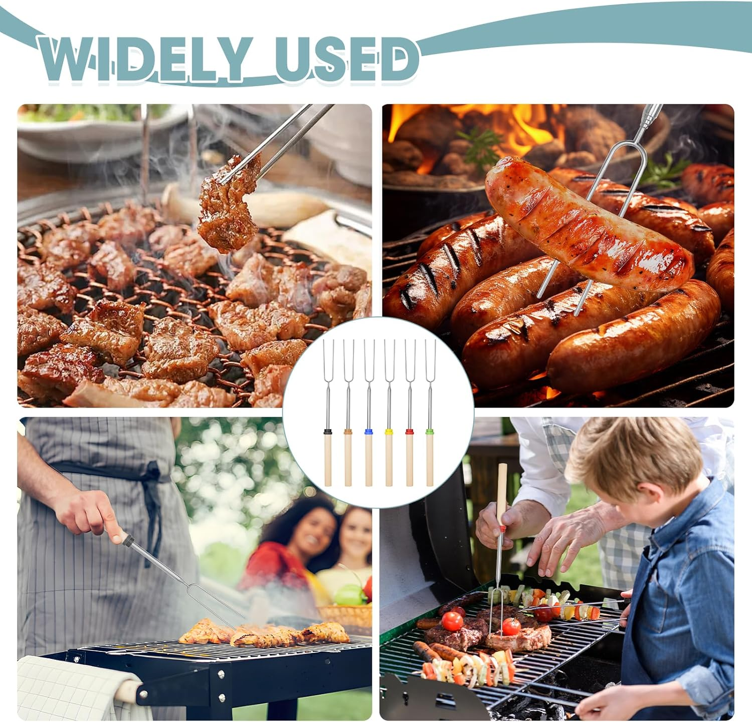 6 Pcs Marshmallow Scktis, 32Inch Long Metal Skewers & Smores Kit, BBQ Roasting Tools, Telescoping Forks, Campfire & Hot Dog for Camping, Garden Party, Barbecue image number 5