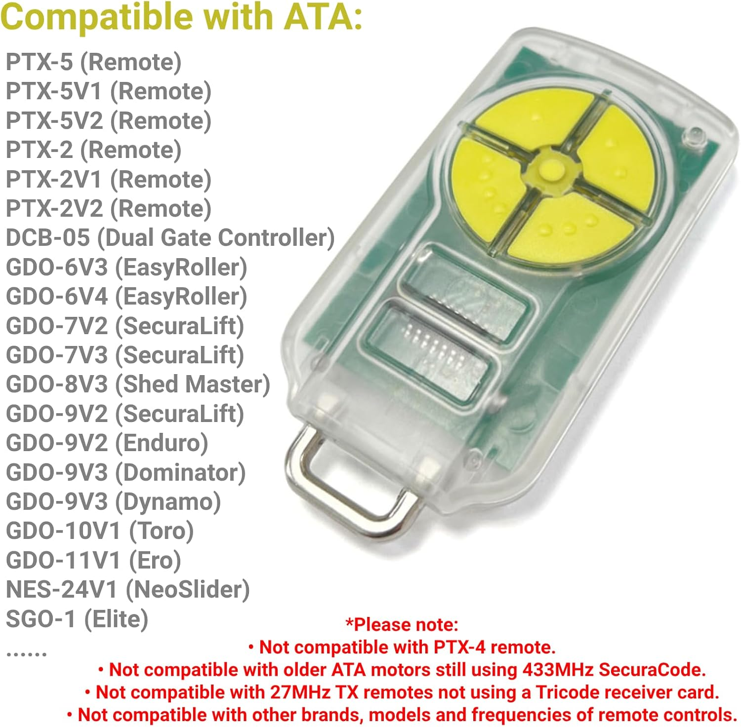QSDIYRF Gate/Garage Remote Compatible with ATA PTX-5 PTX-5V1 PTX-5V2 DCB-05 GDO-6V3/6V4/7V2/7V3/8V3/9V2/9V3/10V1/11V1 Etc Garage Door Remote 433.92Mhz Yellow Buttons (Red LED Indicator, 1 Pack) image number 1