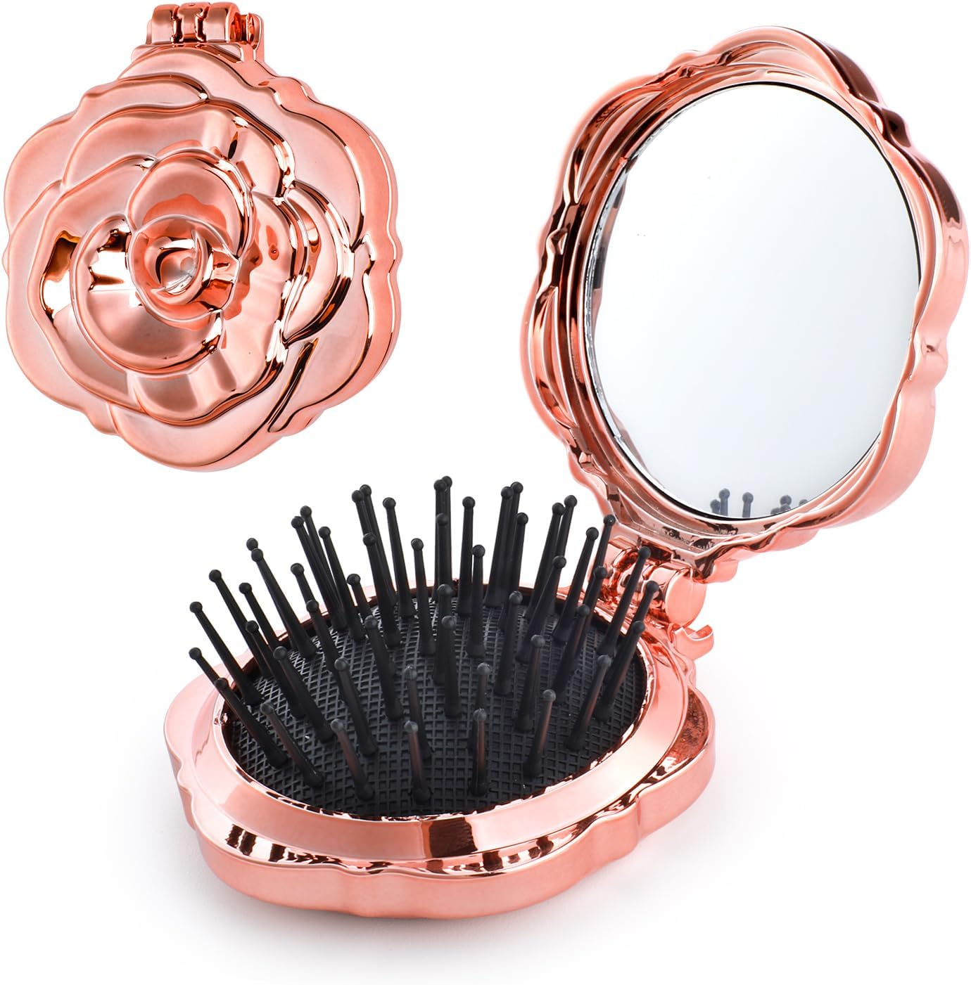 2 Pcs Travel Folding Hair Brush for Women, Rose Gold Small Hair Brush for Purse, Compact Mini Hairbrush with Mirror, Portable Pocket Hairbrush for Women Girls Wet and Dry Hair image number 1