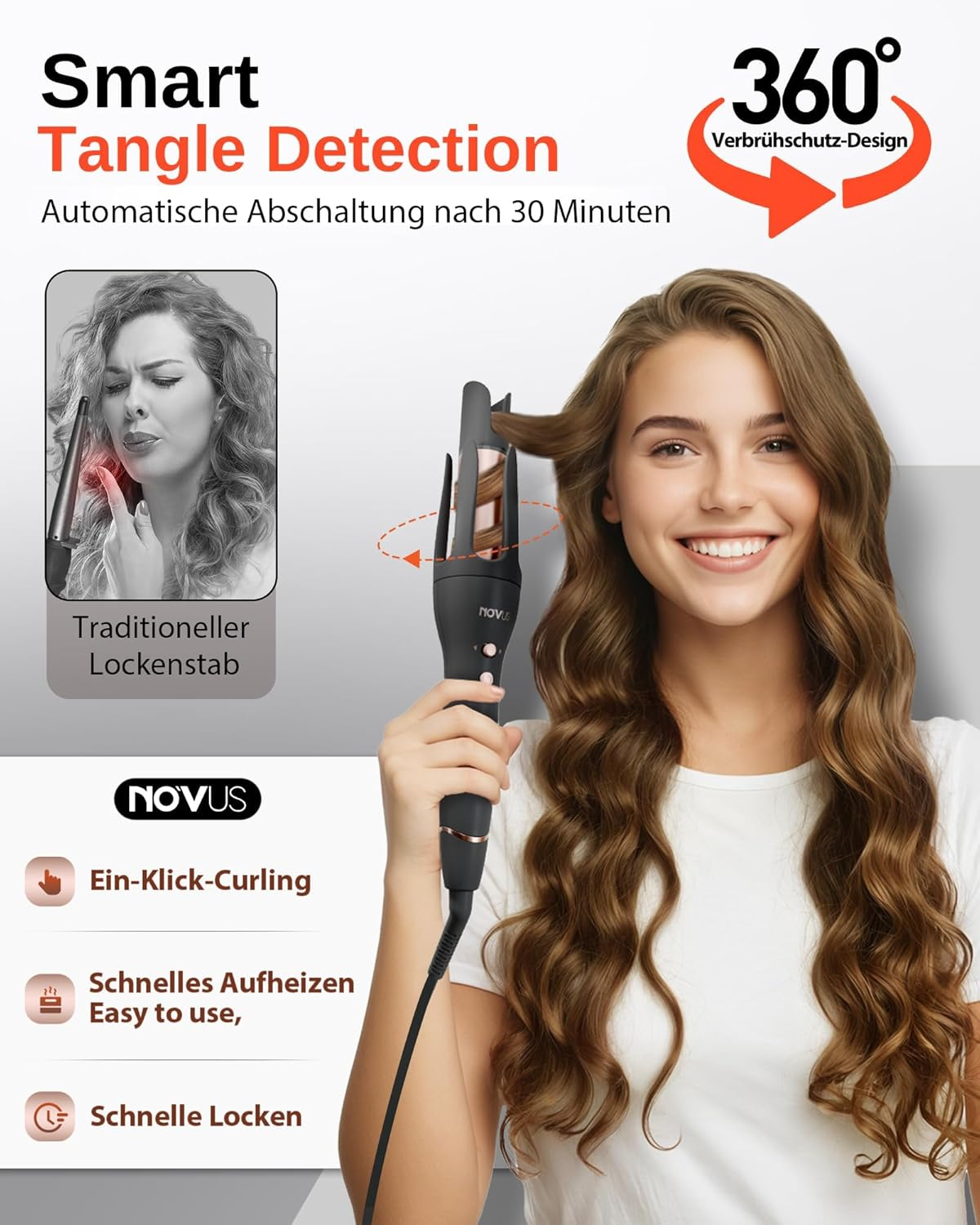 NOVUS Automatic Curling Iron, Rotating Anti-Scald Ceramic Curling Iron with Adjustable Steering, 3 Temperature Levels for All Hair Types image number 2