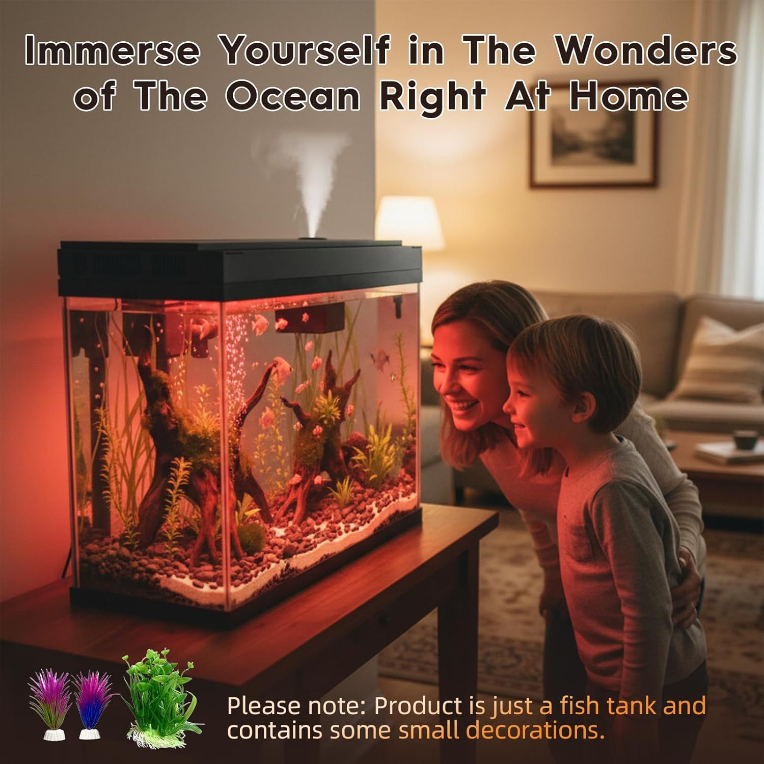 Smart Aquarium Small Aquarium Kit, 2.1 Gallon Fish Tank Kit with 7-Colour LED Light Scent Diffuser Humidifier Temperature Indicator