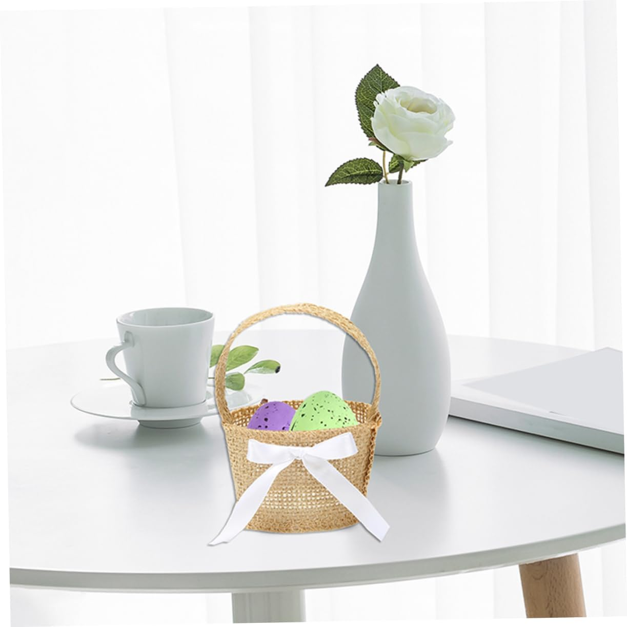 SHOWERORO 6Pcs Mini Woven Basket Hanging Burlap Individual Picnic Baskets Bridal Flower Basket Easter Egg Basket Bulk Easter Egg Stuffers Easter Baskets for Kids Bride Linen to Weave Snack image number 1